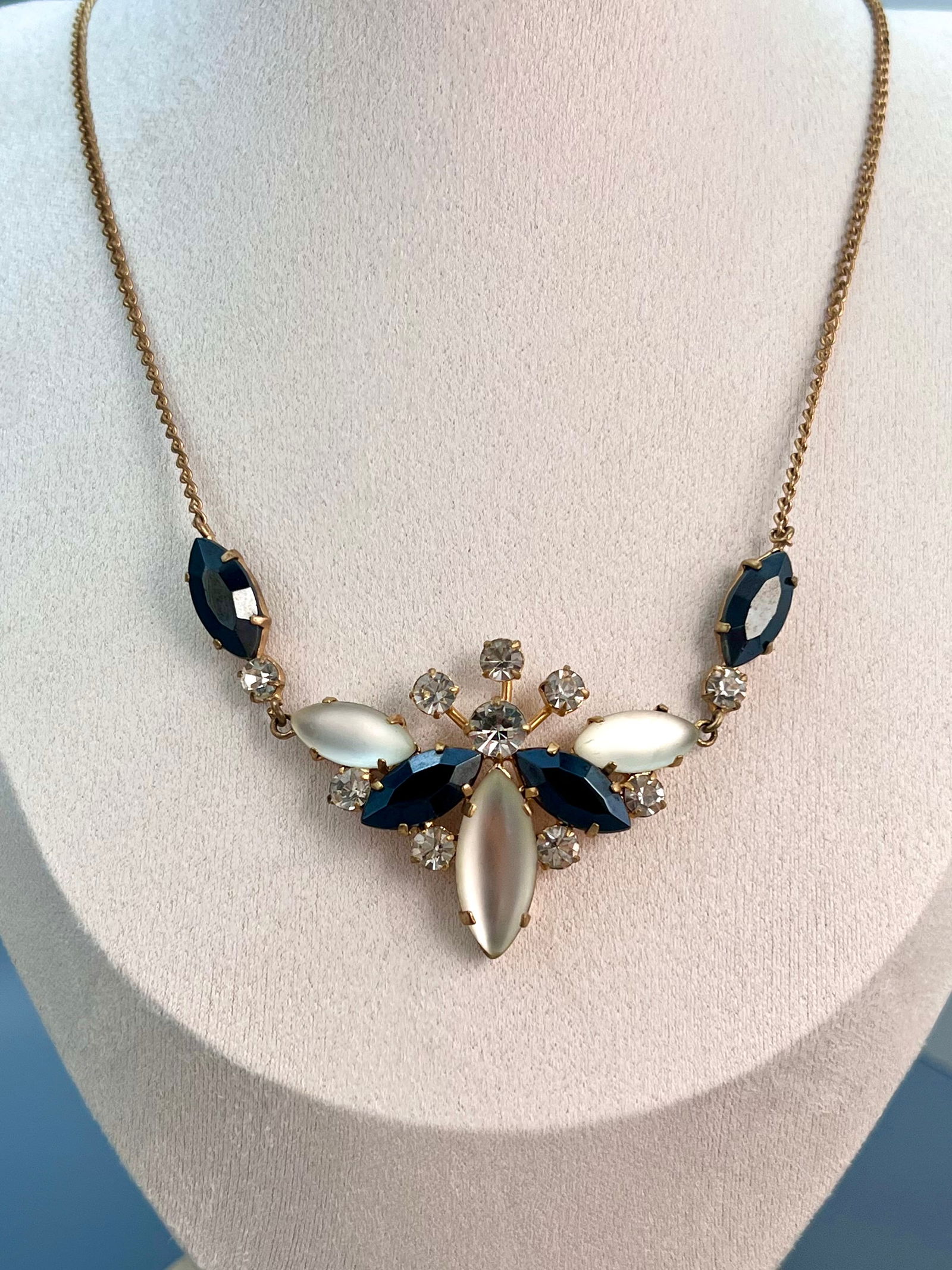 Rare Late Art Deco Gold Filled Czech Necklace Frosted and Sapphire Glass (1 of 4)