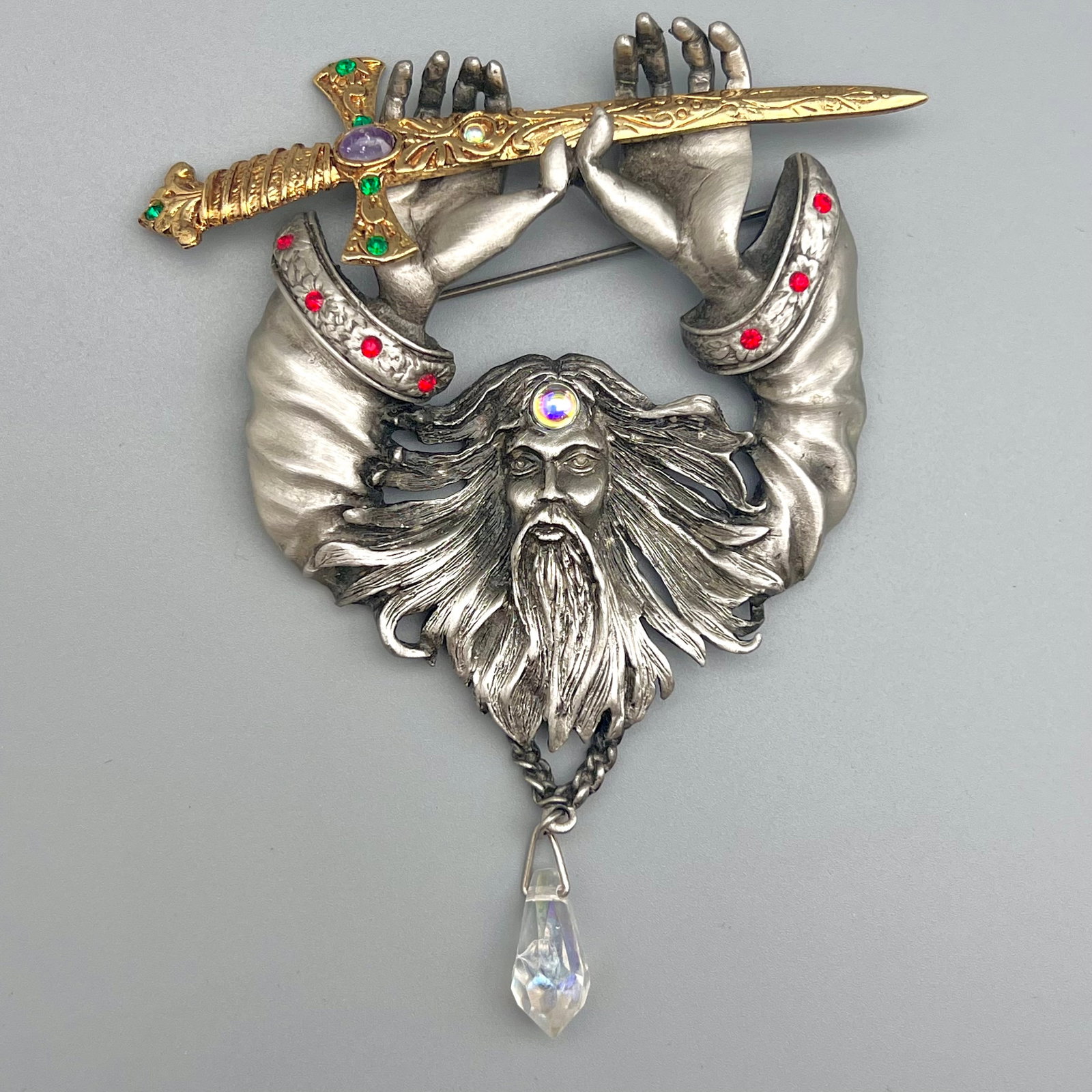 Vintage Rare JJ Merlin Wizard Brooch with Sword and Dangling Crystal (1 of 3)