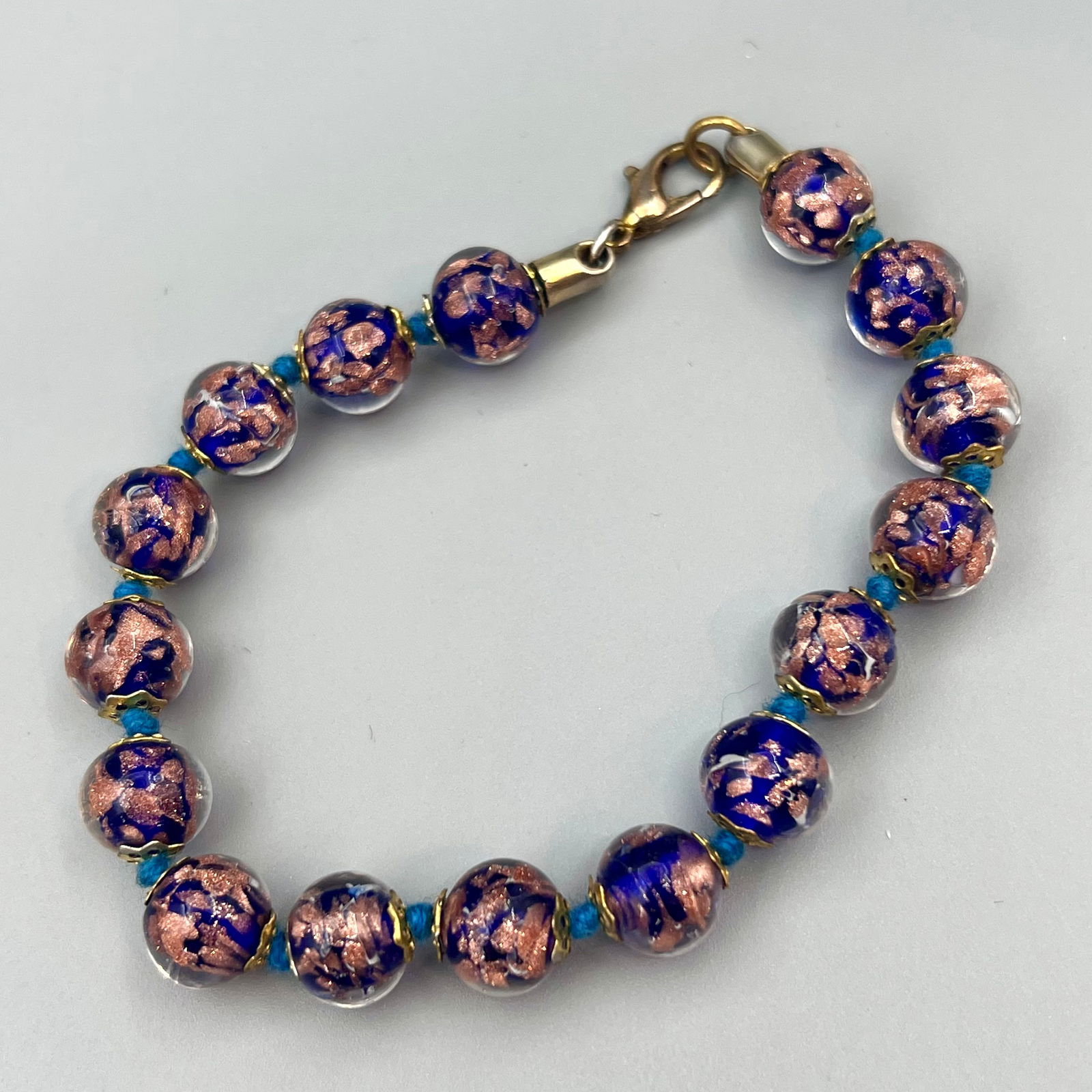 Murano Style Foil Glass Bracelet Blue and Copper (1 of 3)