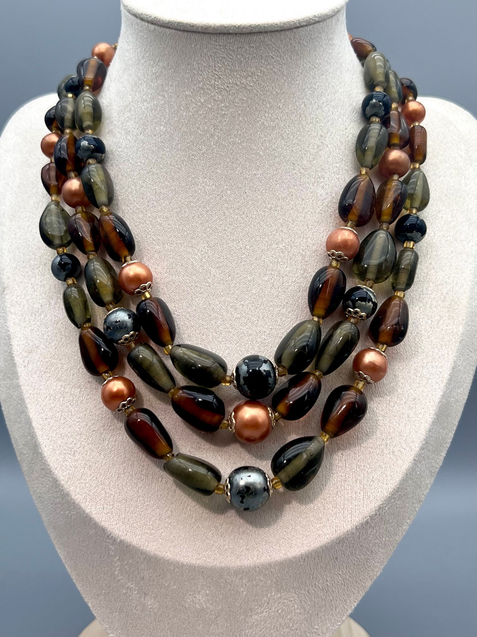 Vintage Japan Three-Strand Glass Bead Necklace in Warm Mid-Century Tones (1 of 4)