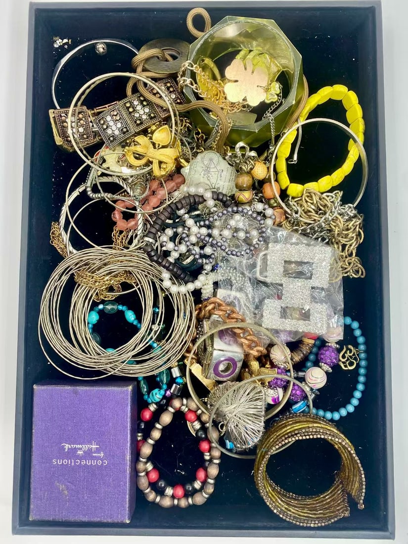 2 LB Unserached Jewelry Lot (As-Is, Tray Not Included): Assorted costume jewelry lot including necklaces, bracelets, earrings, pendants, and beaded pieces in various materials and styles. Contents are unsearched, unexamined, and untested, and are sold as-i
