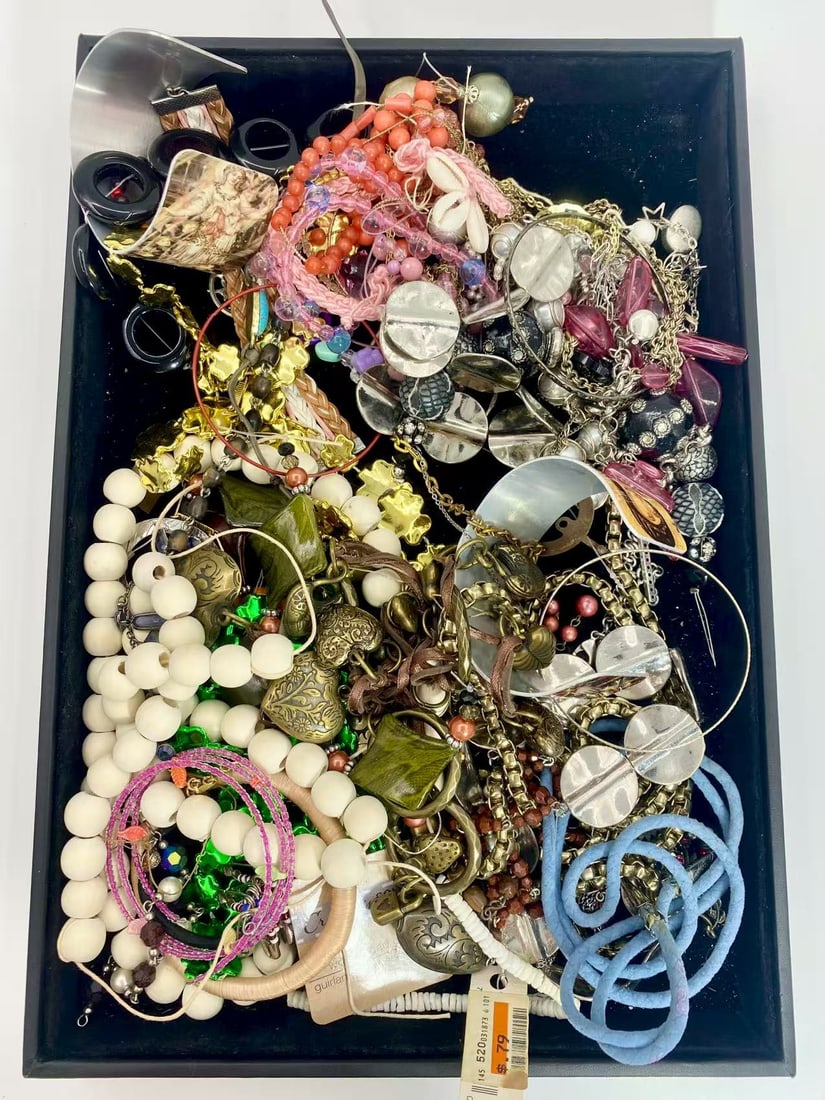 2 LB Unserached Jewelry Lot (As-Is, Tray Not Included): Assorted costume jewelry lot including necklaces, bracelets, earrings, pendants, and beaded pieces in various materials and styles. Contents are unsearched, unexamined, and untested, and are sold as-i