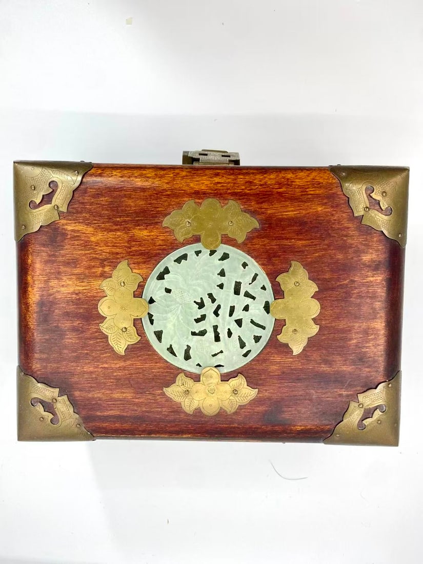 Vintage Shanghai Wooden Jewelry Box with Jade Inlay & Silk Lining (1 of 3)