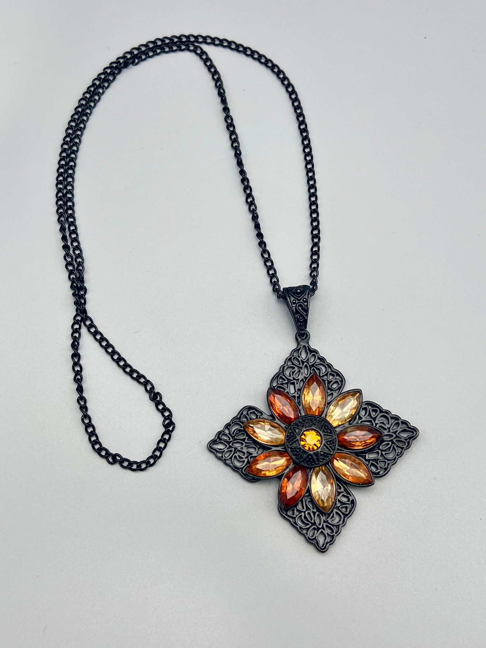 Black Filigree Flower Pendant Necklace Amber Glass Rhinestones (1 of 3)
