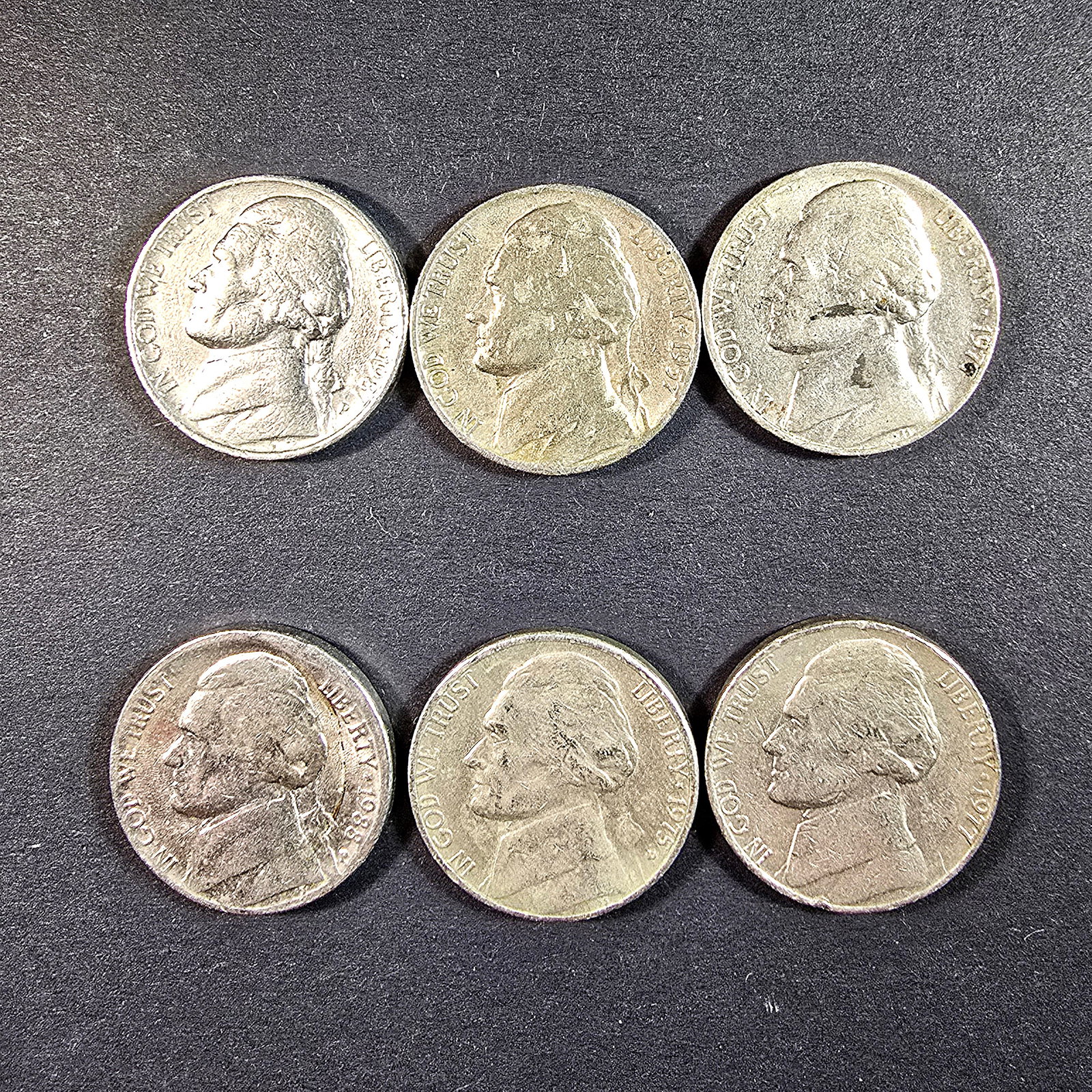 Lot of 6 Jefferson Nickel 5 cents: Lot of 6 Jefferson Nickel 5 cents1987(P), 1957, 1977, 1977, 1975(P), 1988(P)
