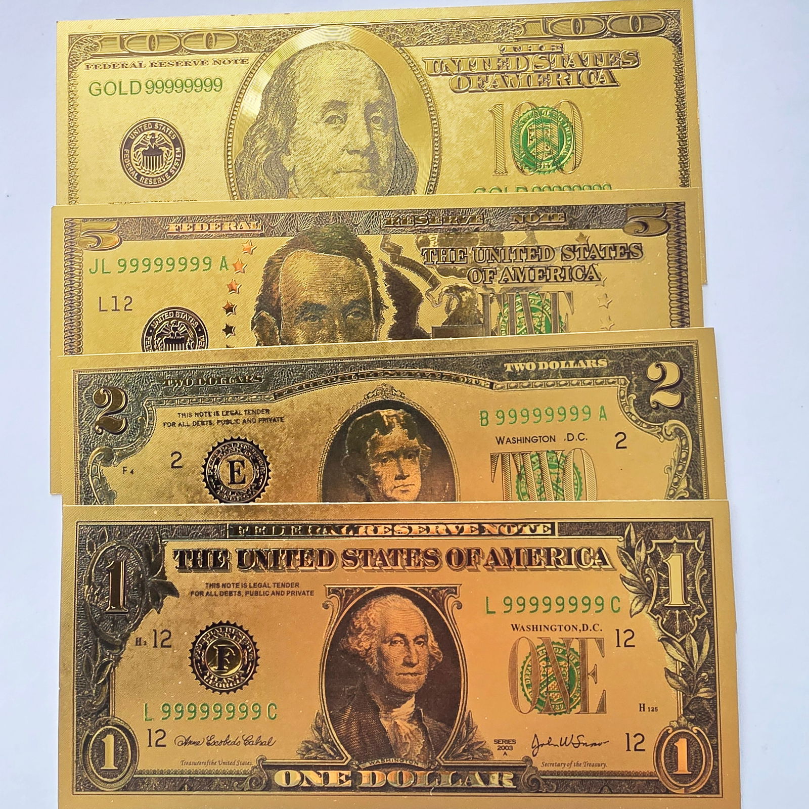 24K Gold Foil on Plastic US Currency Set-4 Different Bills (1 of 10)