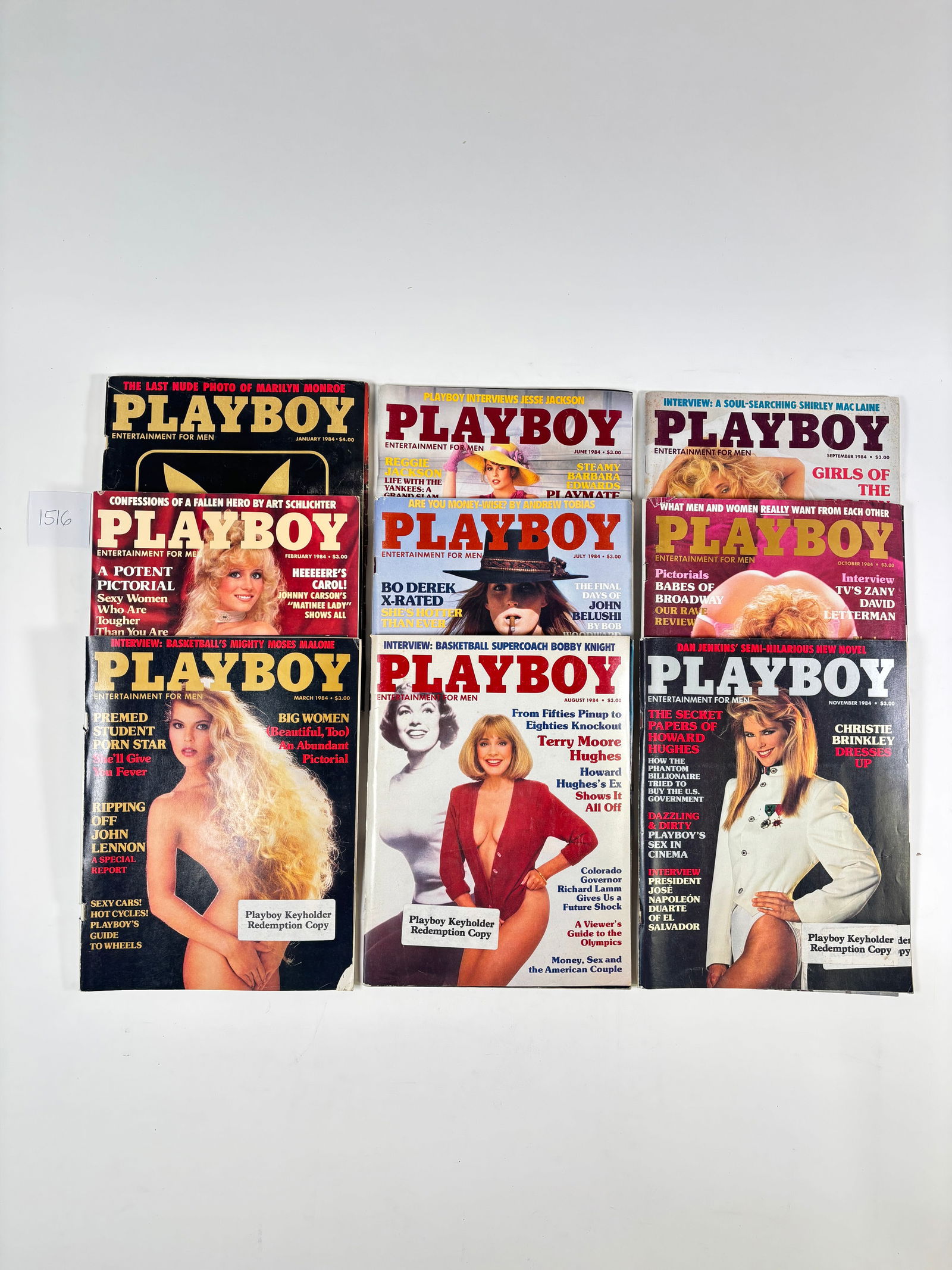 Vintage Playboy Magazines Set of 9 (1984): Vintage Adult Magazines (1984) – Sold As-Is Collection of classic editions. Condition varies; please review photos for details. Refer to attached images for specific months.