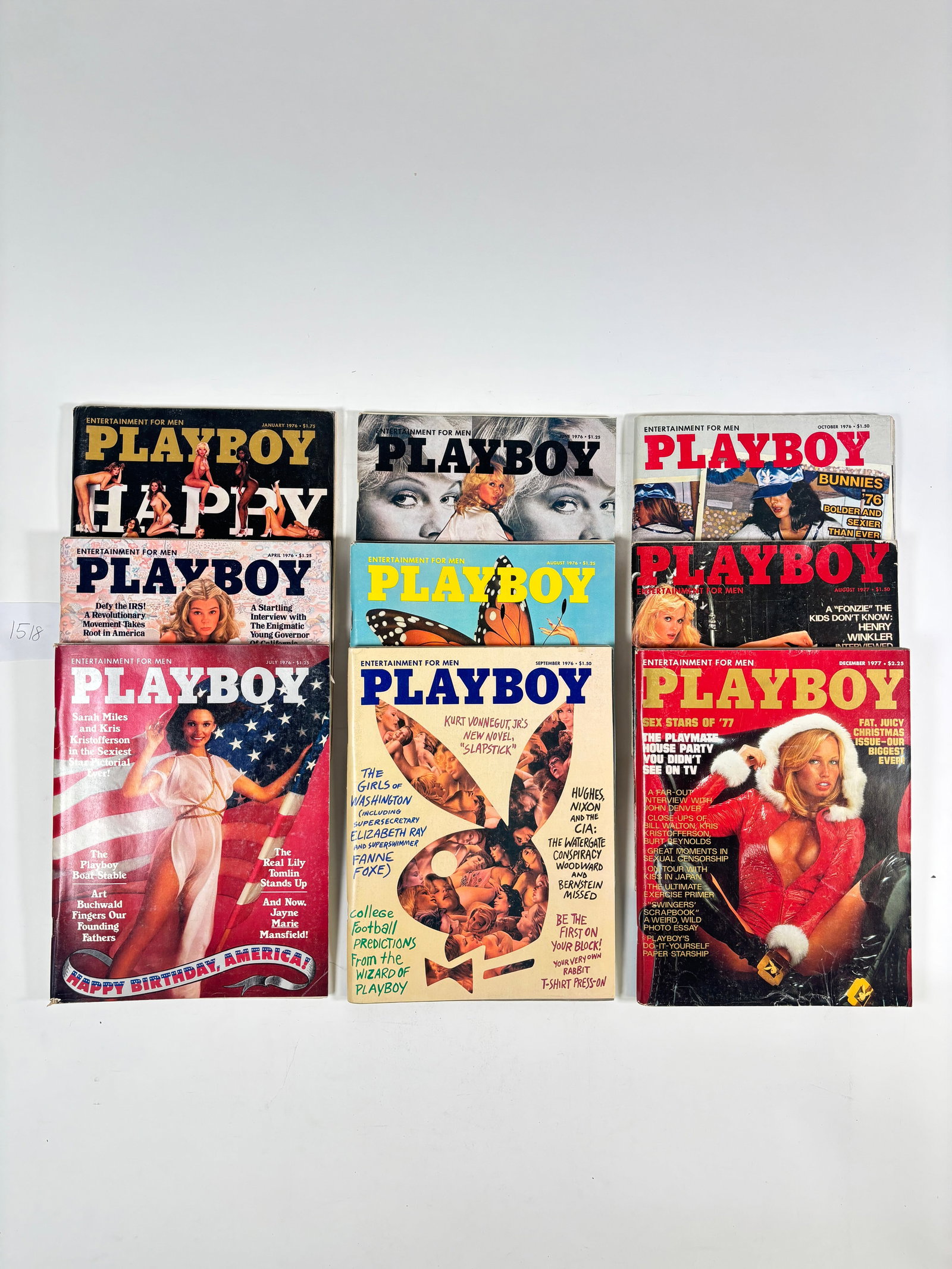 Vintage Playboy Magazines Set of 9 (1976 & 1977): Vintage Adult Magazines (1976 & 1977) – Sold As-Is Collection of classic editions. Condition varies; please review photos for details. Refer to attached images for specific months.