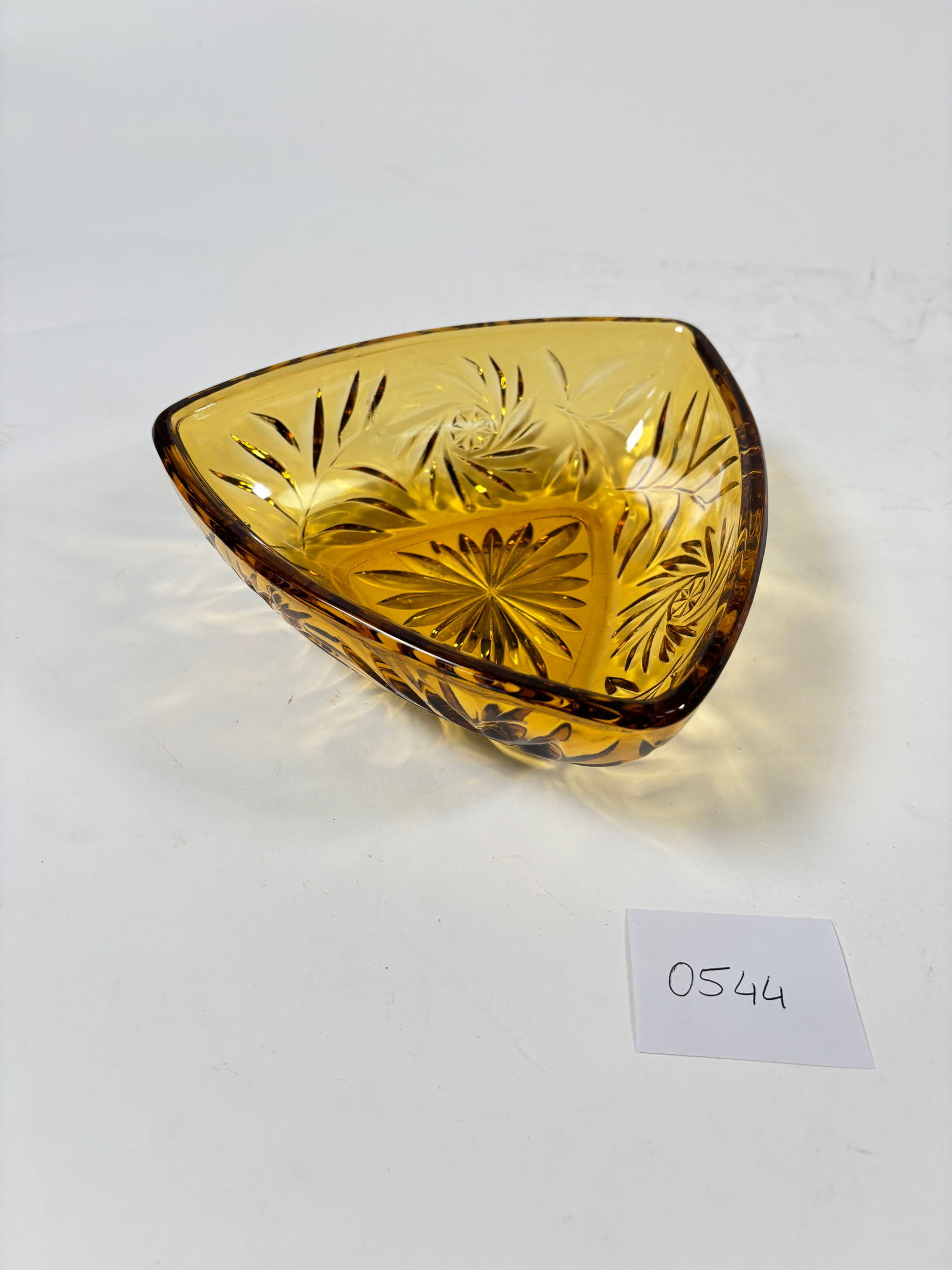 Vintage Atlas Glass Hazel Amber Triangle Shape Starbust Pattern Ashtray (1 of 3)