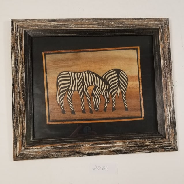 Vintage Folk Art African Zebra Animal Safari Straw Banana Leaf: Vintage Folk Art African Zebra Animal Safari Straw Banana Leaf Framed