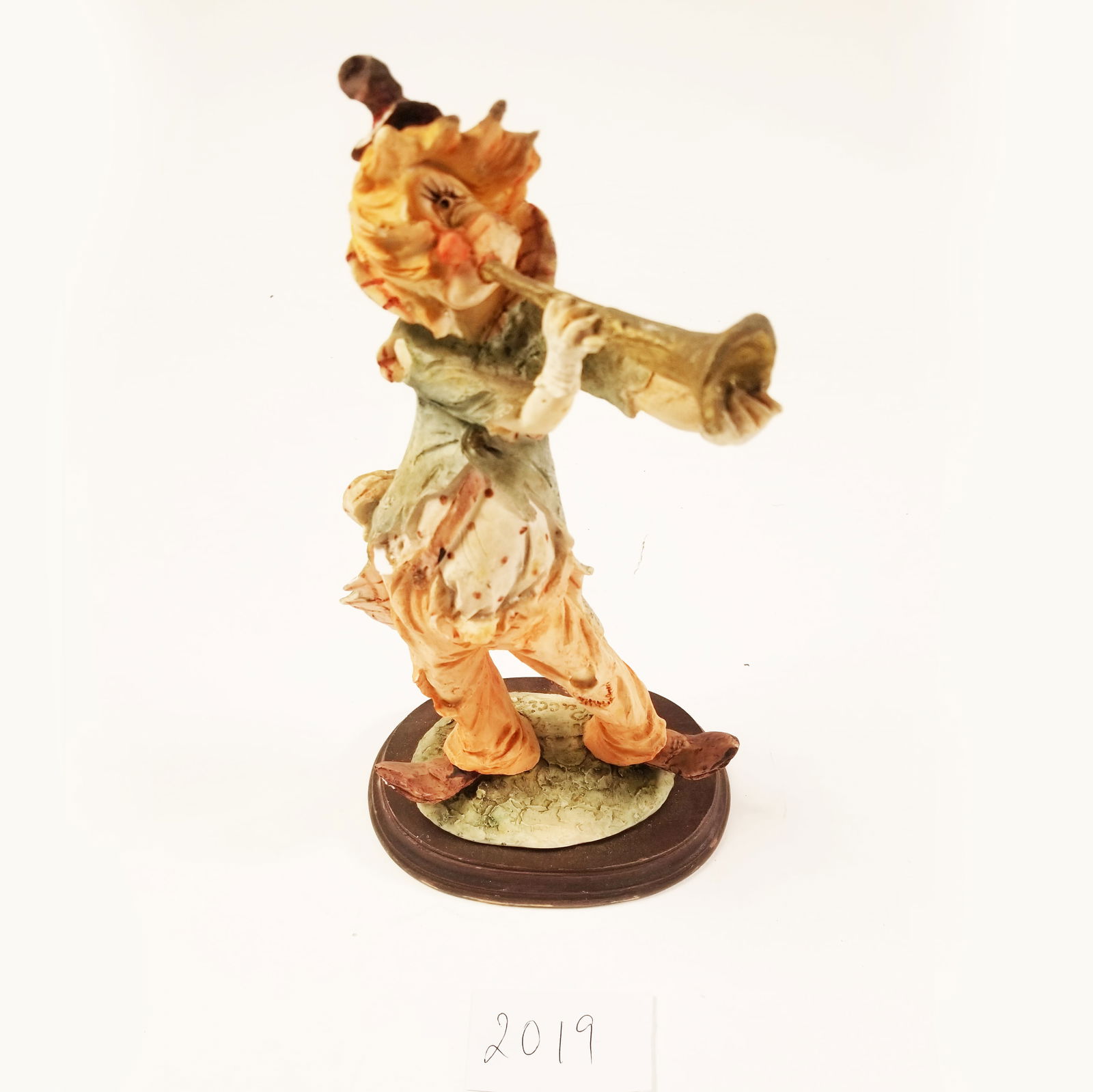 Vintage Pucci Clown Statue Of Figure Blowing A Horn: Vintage Pucci Clown Statue Of Figure Blowing A Horn, Capodimonte Pucci Clown Figurine Mounted On Wooden Base - 12" Tall