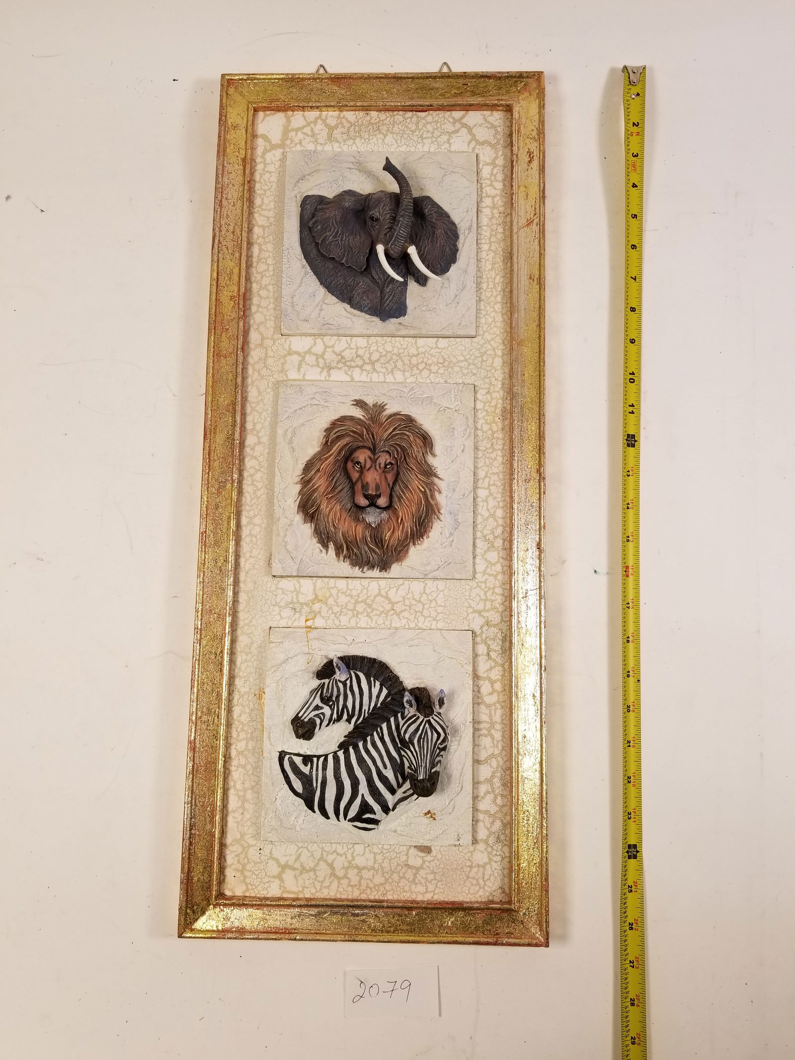 Hand Carved Painted Stone Hanging of Two Zebras, Lion, & Elephant Gold Frame (1 of 5)