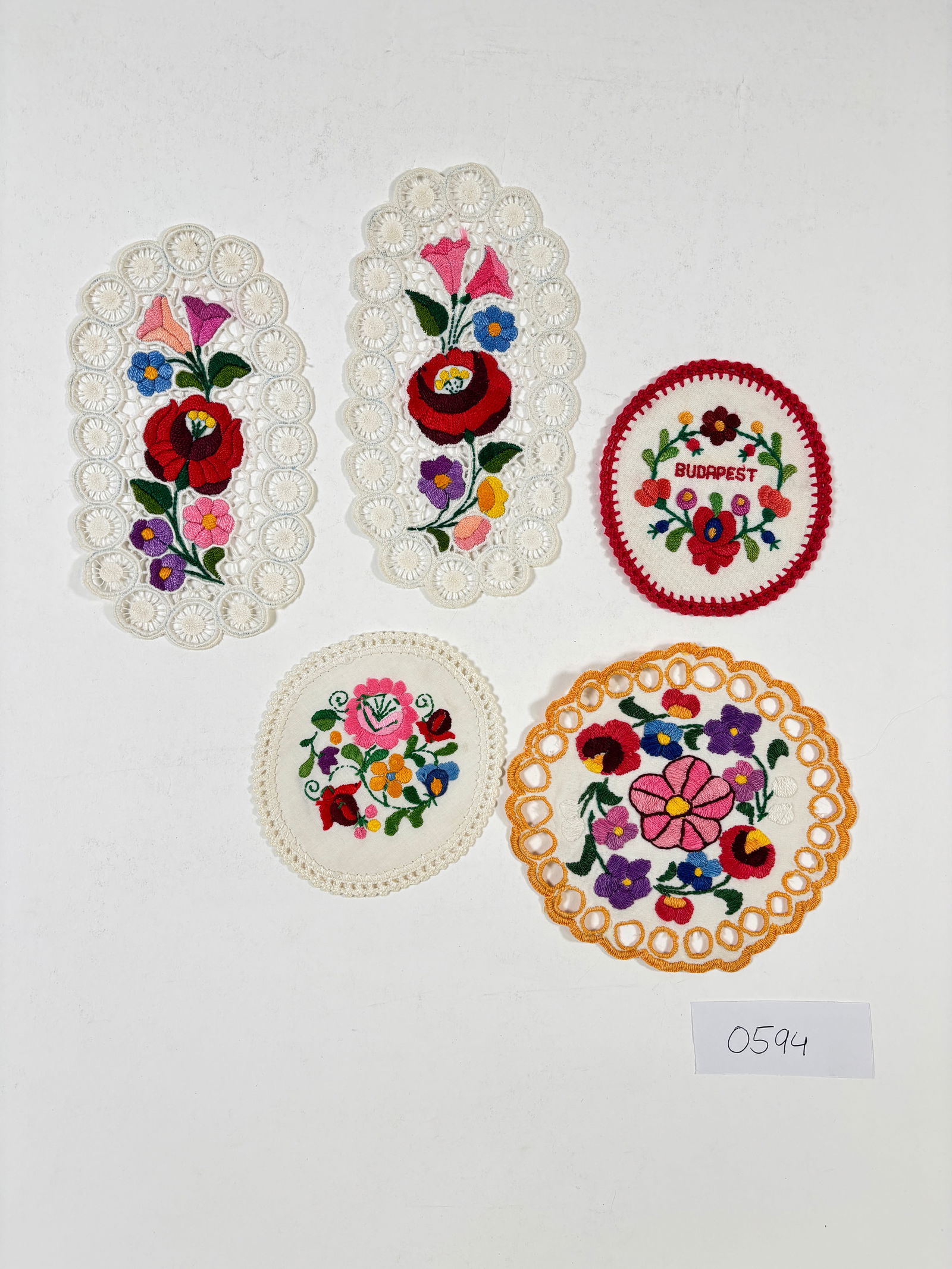 Vintage Hungarian style Hand Embroidered Lace small tablecloth dressing set of 5 (1 of 3)