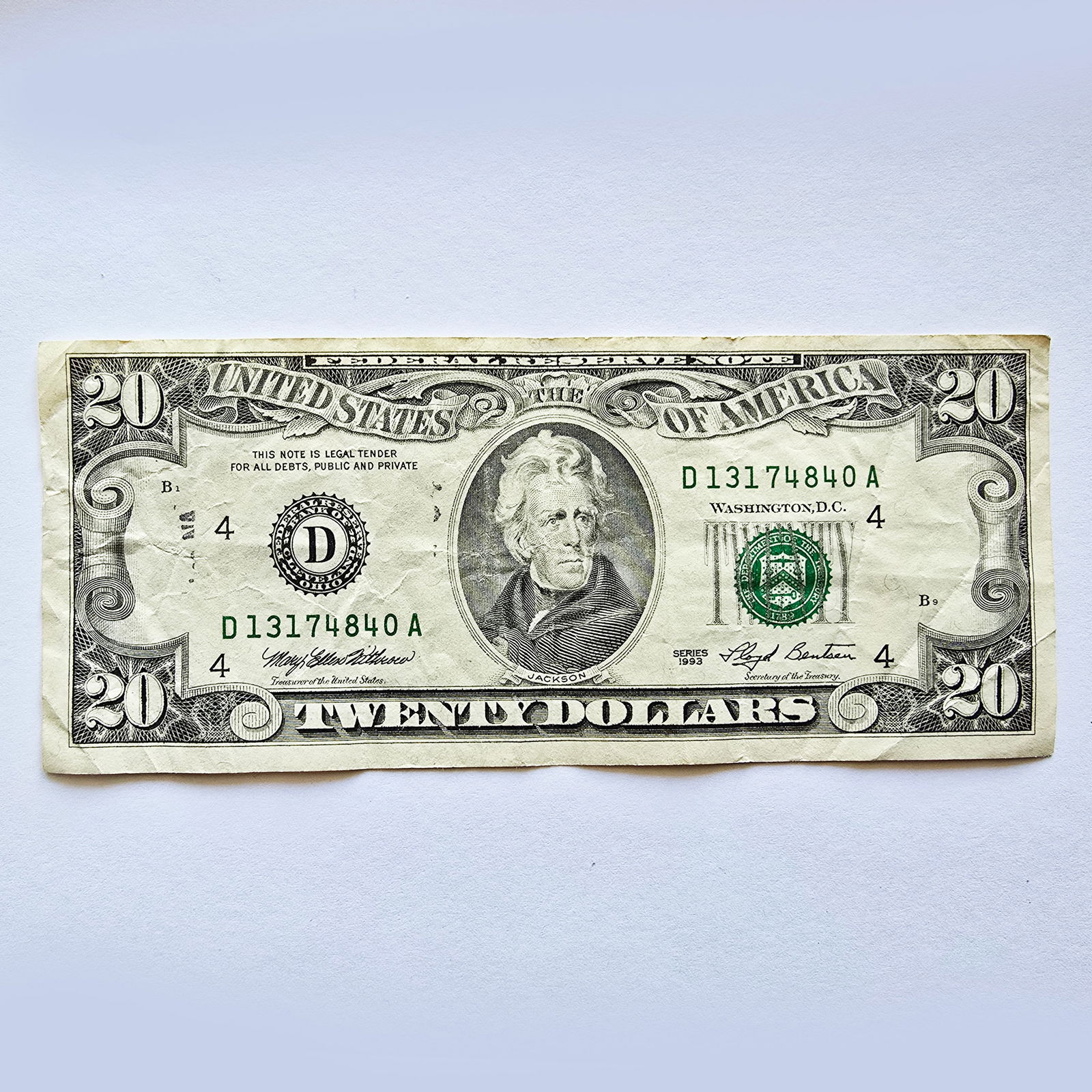 1993 Series $20 Dollar Bill Banknote  US Federal Reserve Note Prefix D (1 of 2)