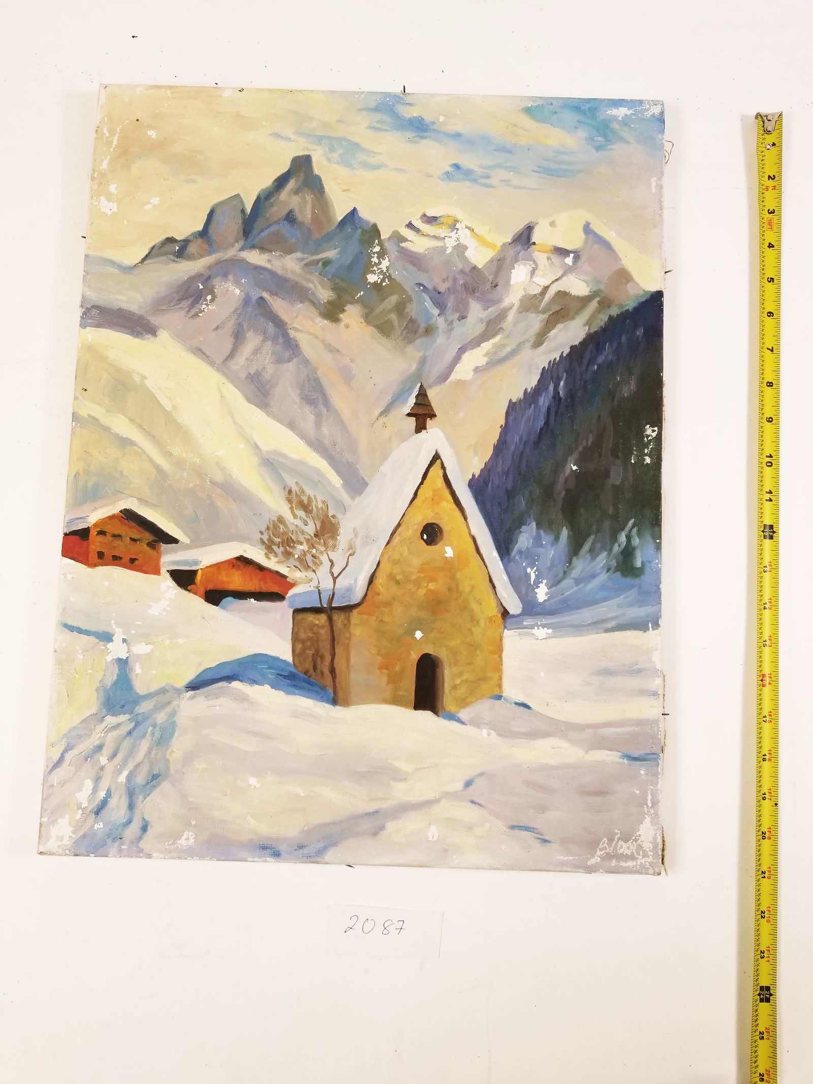 A vintage oil on canvas (mid-20th century) featuring an Alpine winter landscape (1 of 4)