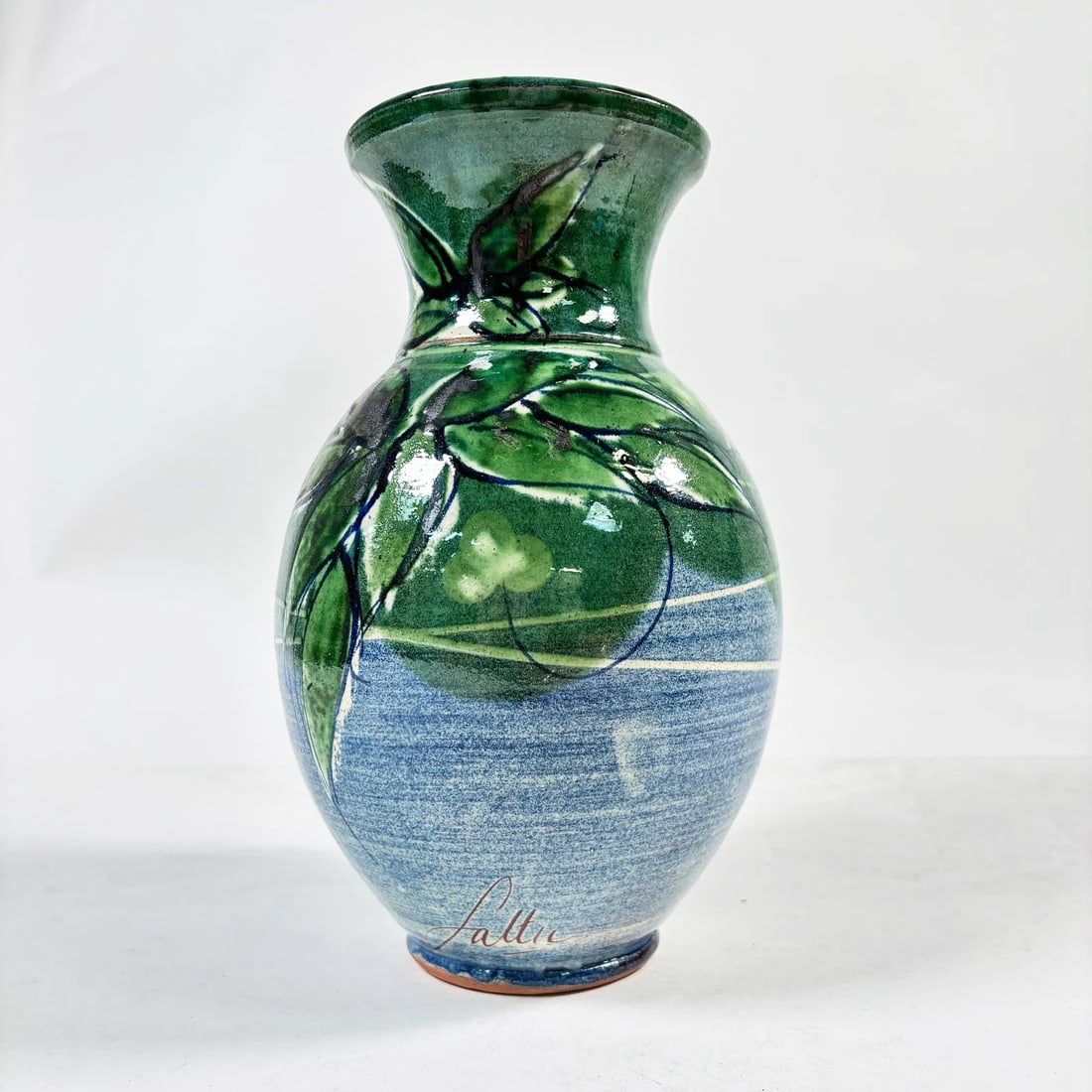 Redware Vase Hand Painted Blue Greaan Leaves Artist Signed France: Beautiful redware vase featuring hand-painted blue and green leaves. Signed by the artist, made in France. A unique addition to any collection. Please review photos for details.