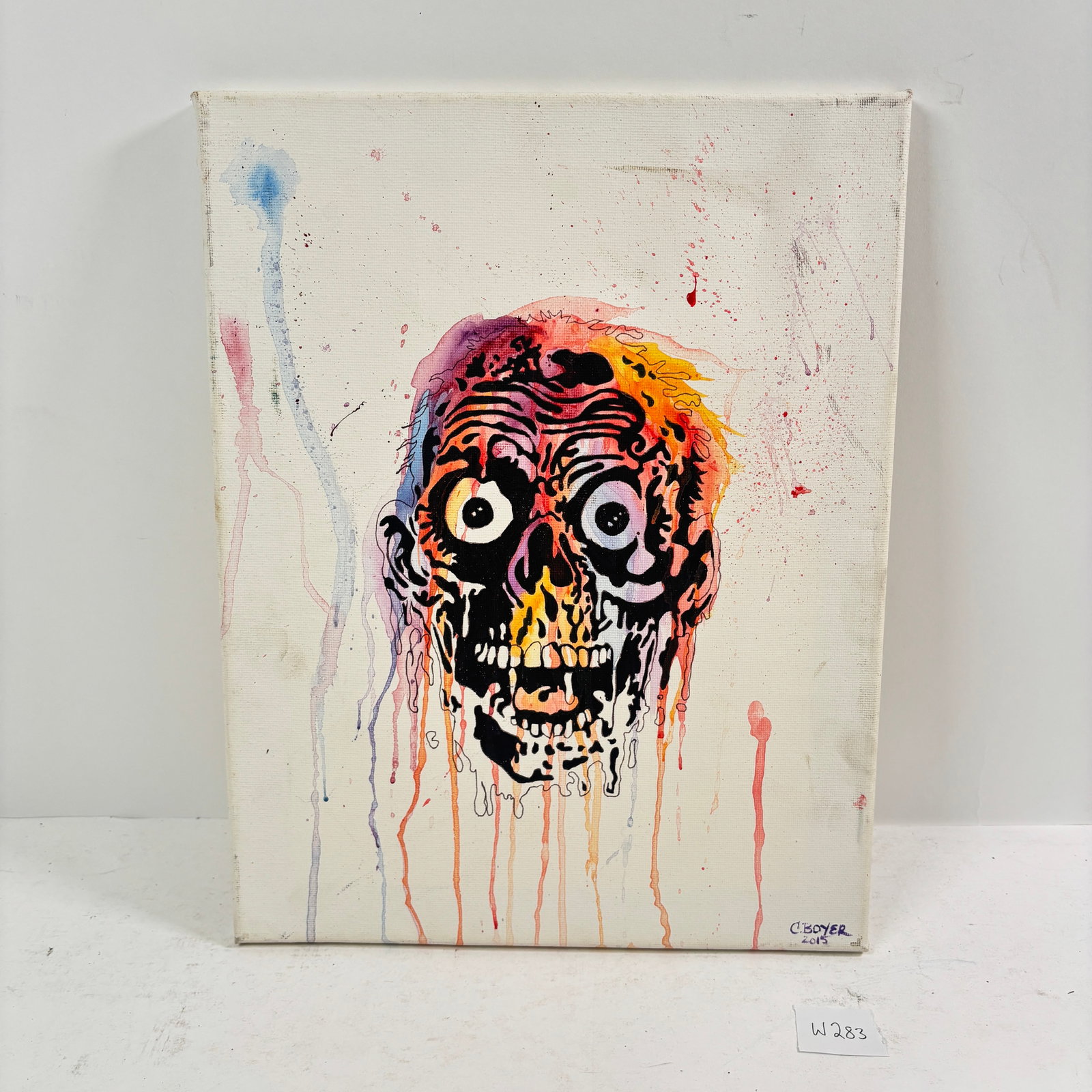 Original Painting Skull in Explosive Color: Original Painting: Skull in Explosive Color. Vibrant and bold depiction of a skull. See photos for details, and condition. Sold as-is.