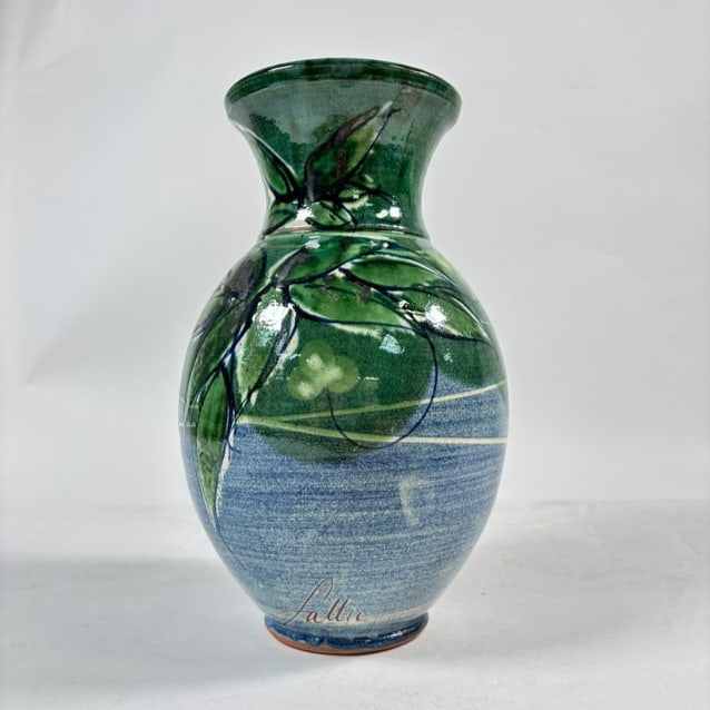 Redware Vase Hand Painted Blue Greaan Leaves Artist Signed France (1 of 4)