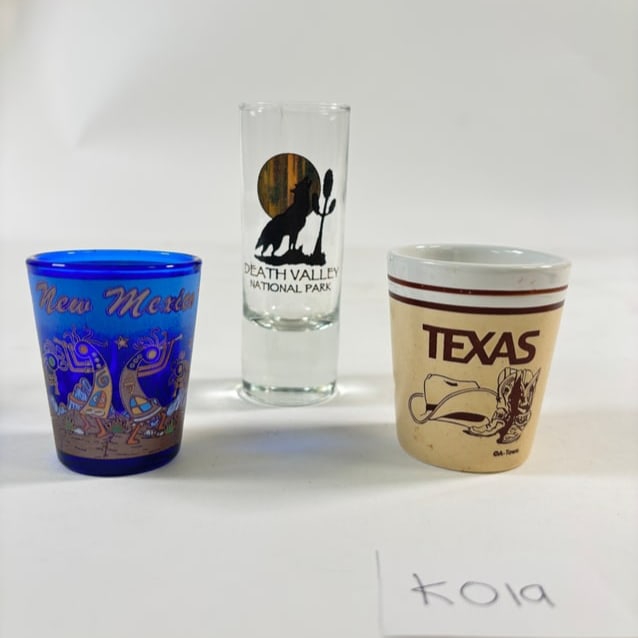 Vintage Shot Glasses Set of 3 (Souvenir Style: New Mexico, Texas, Death Valley): Vintage Shot Glasses Set of 3, featuring souvenir-style designs from New Mexico, Texas, and Death Valley. Great for collectors. Refer to attached photos for details.