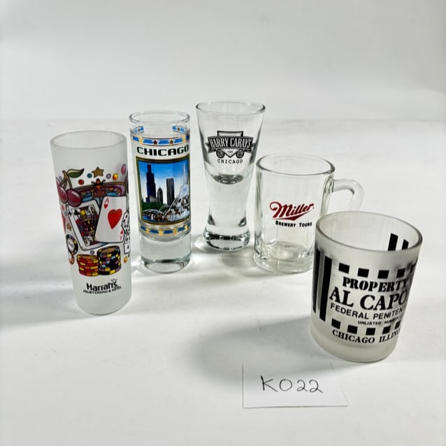 Vintage Shot Glasses Set of 5 (Souvenir Style: Chicago Al Capone, Miller, Harrah's ) (1 of 2)