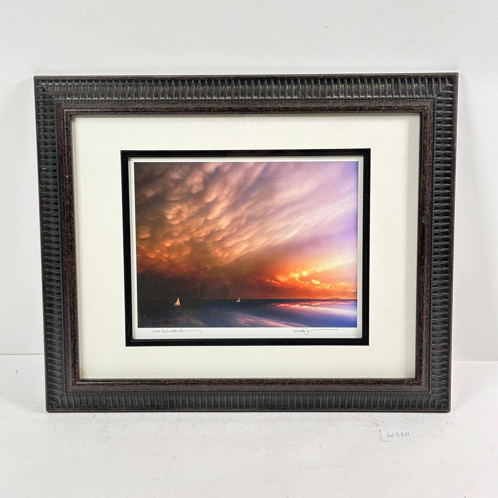 Vivid Lake Sunset with Sail Boats Photography signed by Jerry Westby: Vivid Sunset over a lake. Captures a beautiful and colorful sky over a landscape. Sold as-is, condition varies. See photos for details.