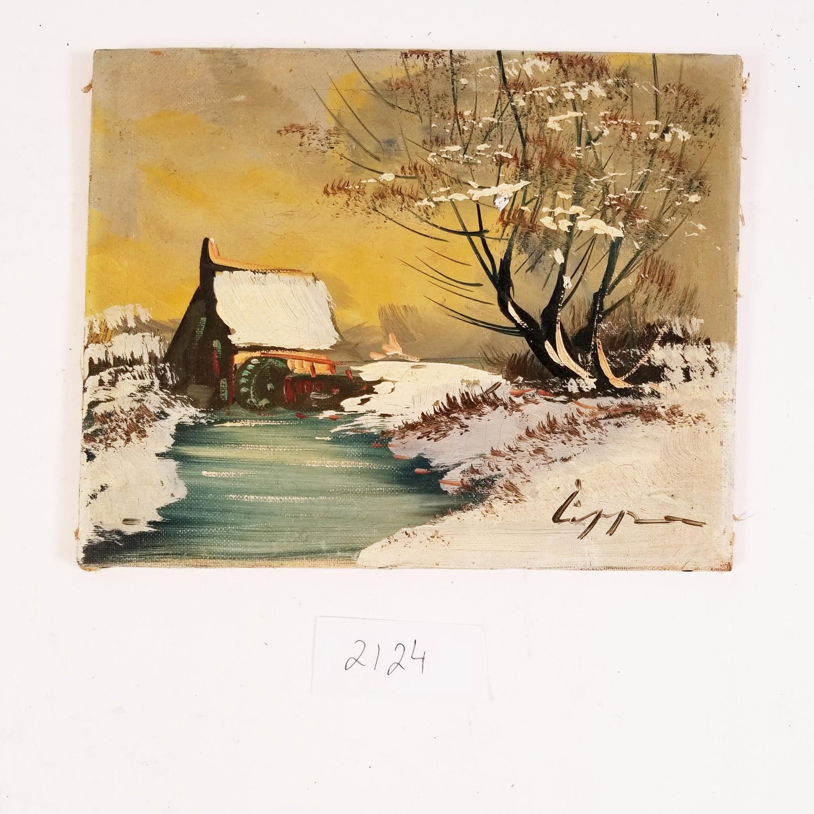 Vintage Oil Painting Snow Scene Farm Cottage...: Signed by Artist. Vintage Oil Painting Snow Scene Farm Cottage Signed by Artist-Sold as-is, condition varies. See photos for details.