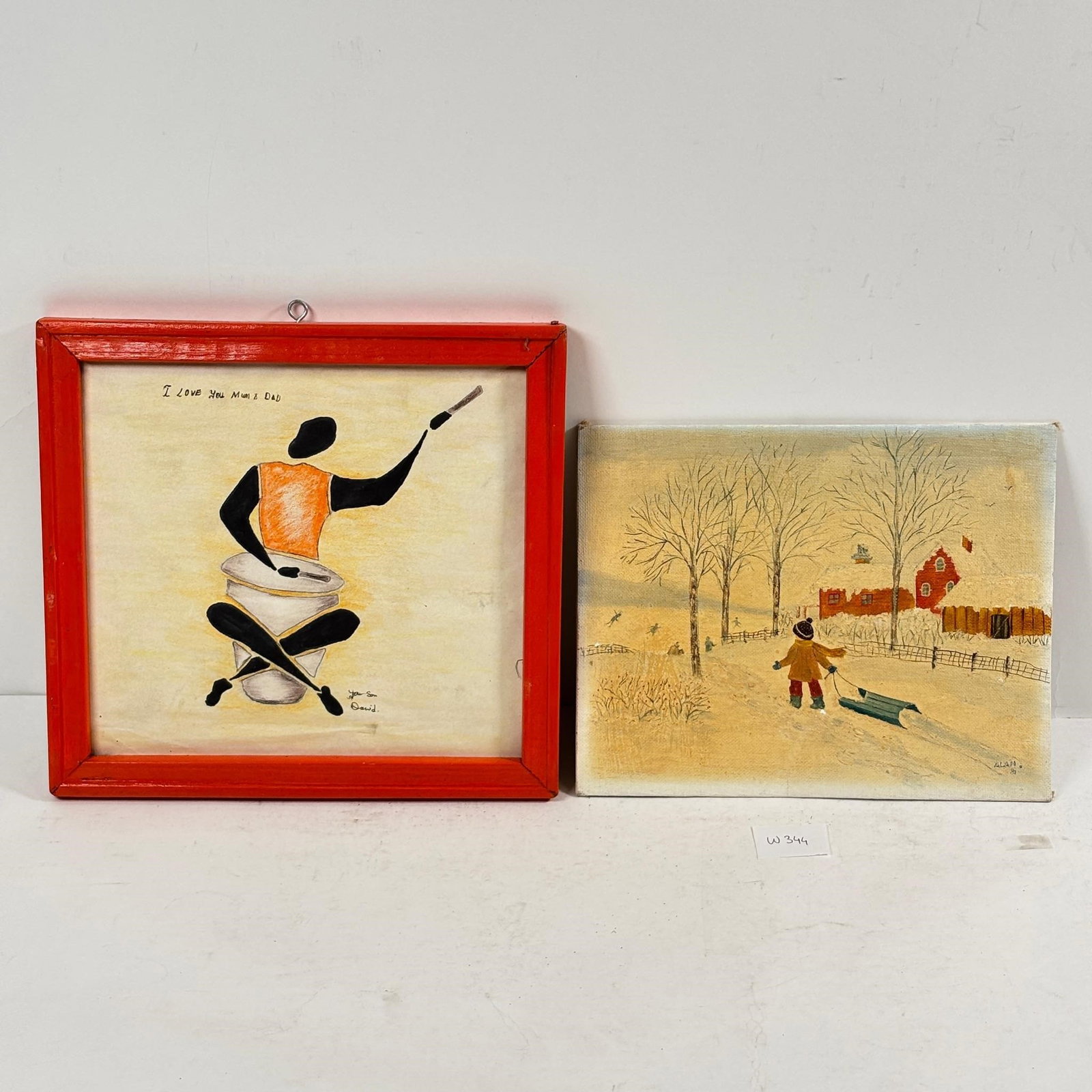 Original Drawings Set of 2 (Winter Scene and...: Mothers Piece). Original Drawings Set of 2. Includes a serene winter scene and a heartfelt mothers piece. Sold as-is, condition varies. See photos for details.