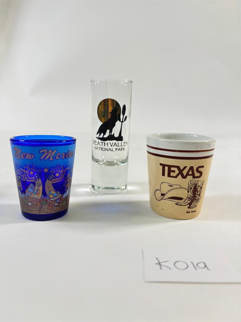 Vintage Shot Glasses Set of 3 (Souvenir Style:...: New Mexico, Texas, Death Valley). Vintage Shot Glasses Set of 3, featuring souvenir-style designs from New Mexico, Texas, and Death Valley. Great for collectors. Refer to attached photos for details.