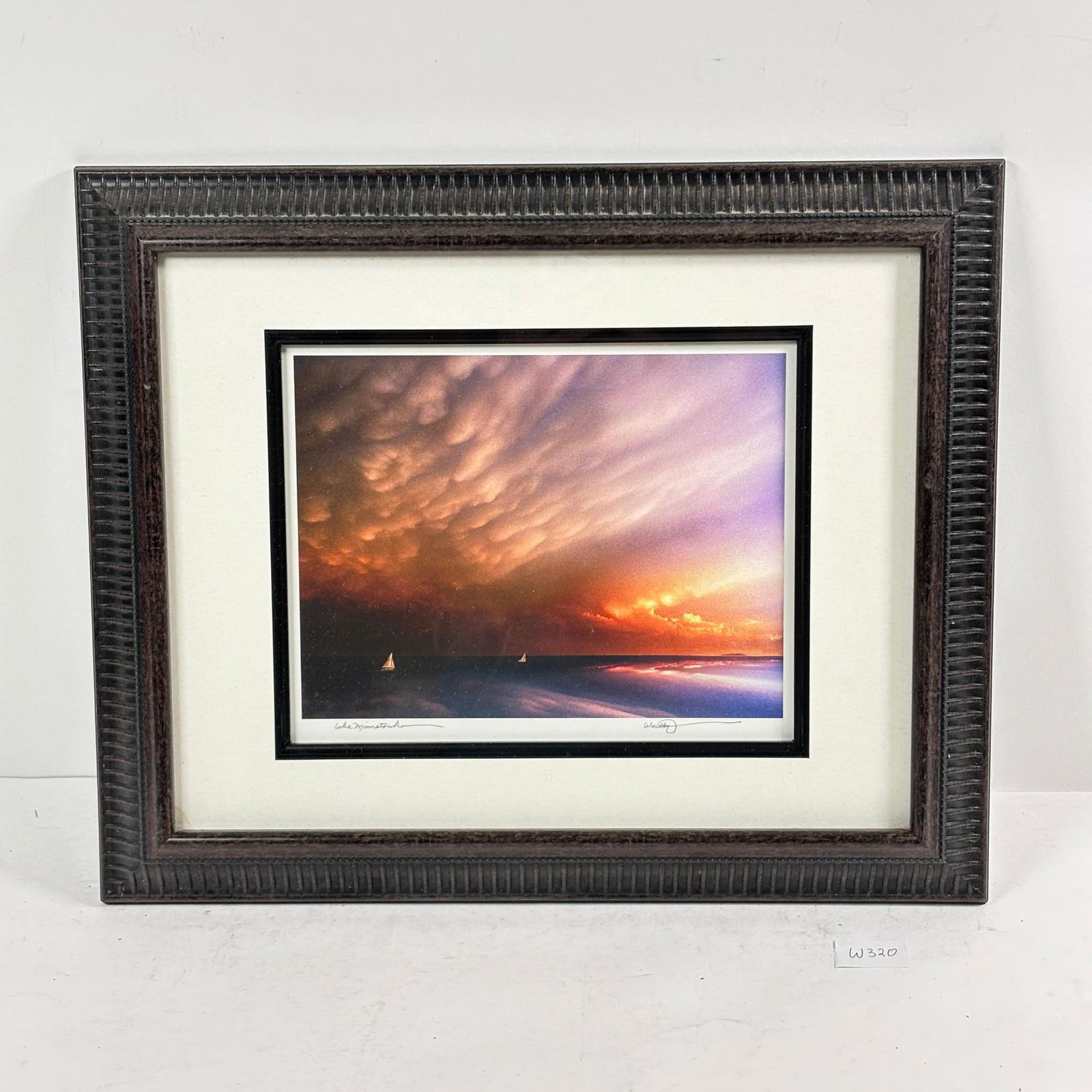 Vivid Lake Sunset with Sail Boats Photography...: signed by Jerry Westby. Vivid Sunset over a lake. Captures a beautiful and colorful sky over a landscape. Sold as-is, condition varies. See photos for details.