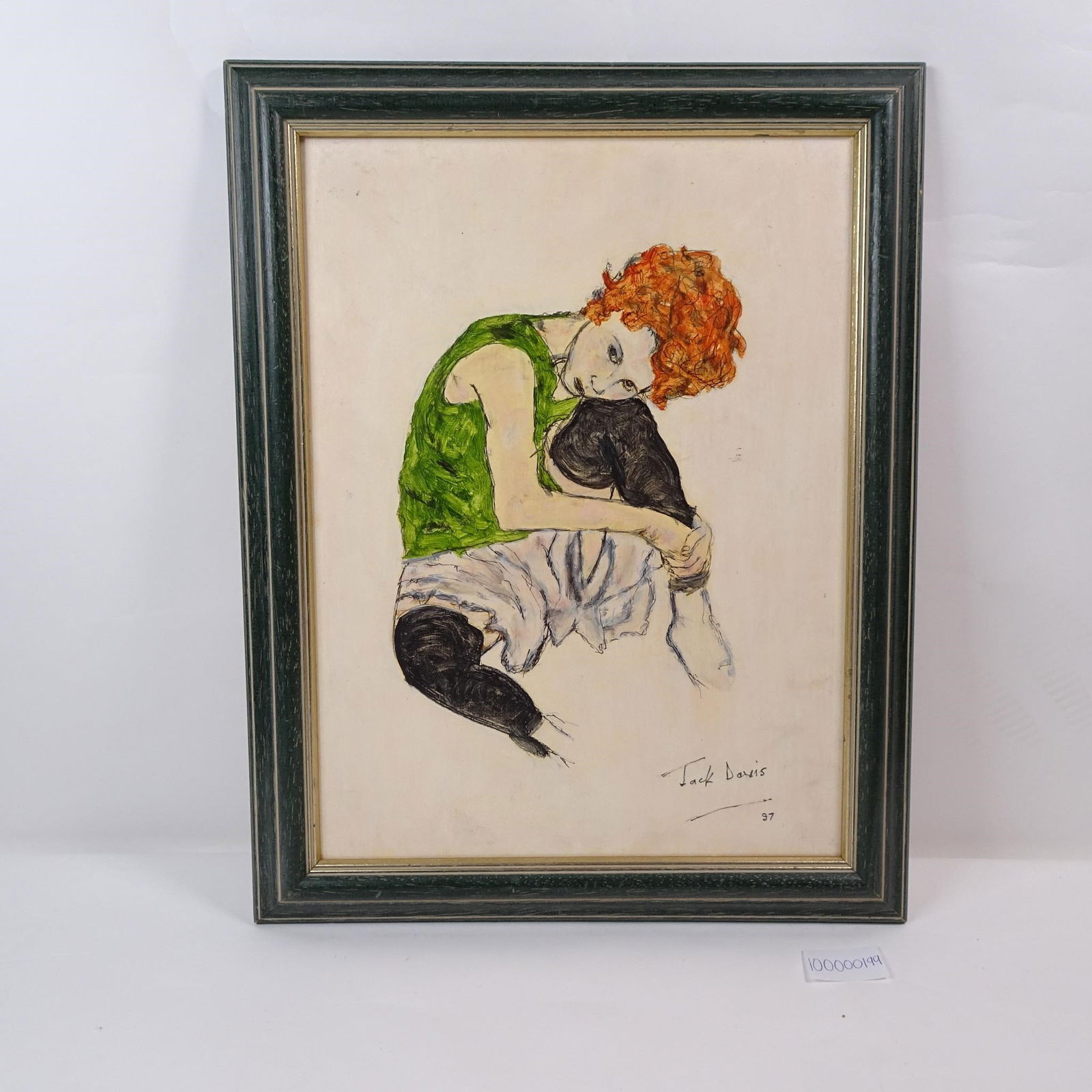 Jack Davis signed"Seated Woman with Bent Knee"...: 97':. Jack Davis Signed "Seated Woman with Bent Knee" (1997) Striking artwork titled "Seated Woman with Bent Knee", signed by Jack Davis and dated '97. The expressive line work and raw, emotional pose