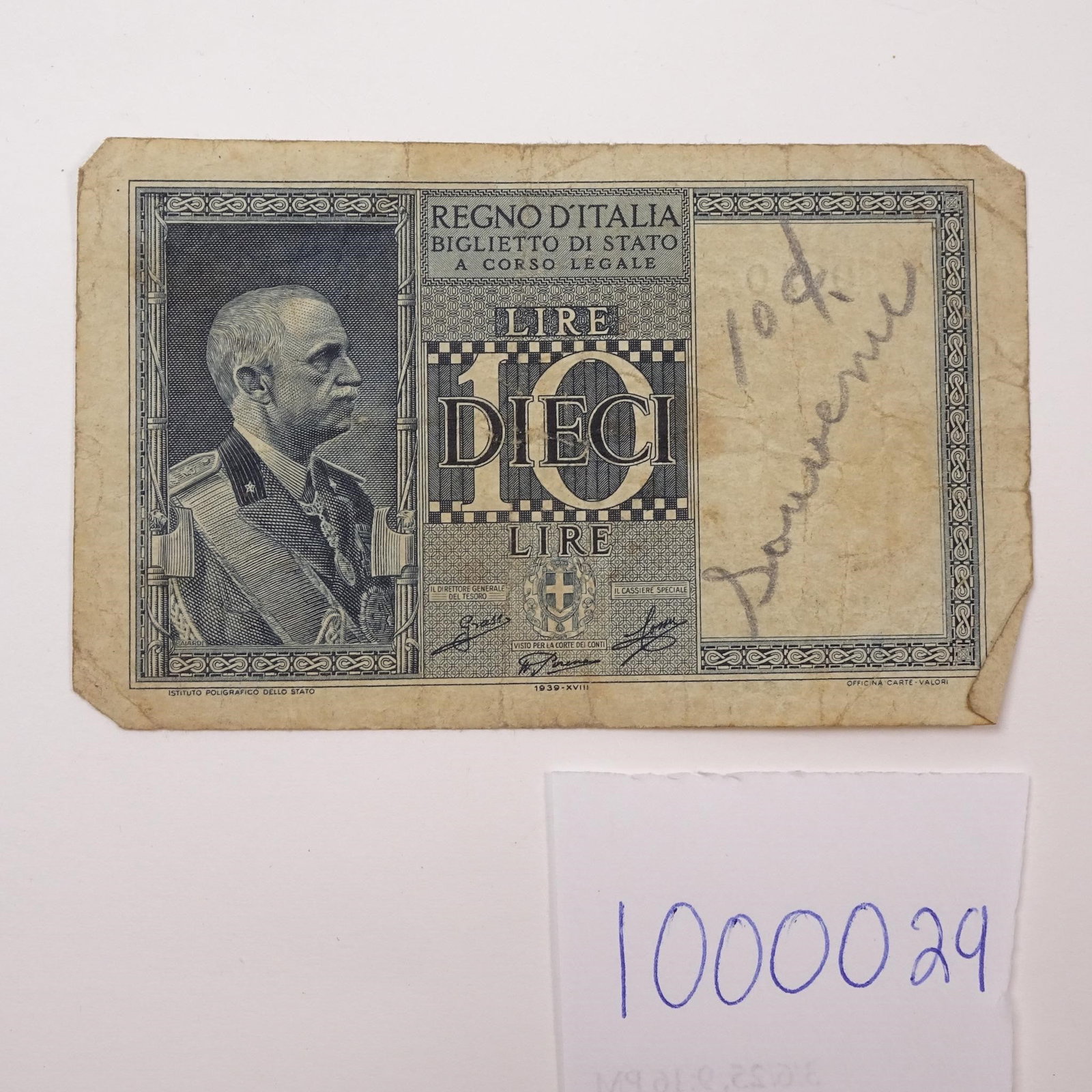 Italy - 10 Lire - 1935-1944:: This WWII-era 10 Lire banknote from the 1935-1944 period offers a glimpse into Italy's wartime currency, a time of immense economic upheaval and political change. This period saw both Kingdom of Italy