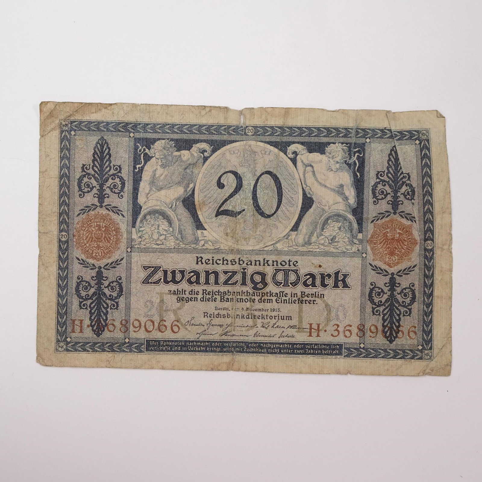 Germany - 20 Mark - 1915:: This 1915 20 Mark banknote from Germany is a significant historical artifact from the early years of World War I. It reflects the growing inflation and the financial pressures on the German Empire as 