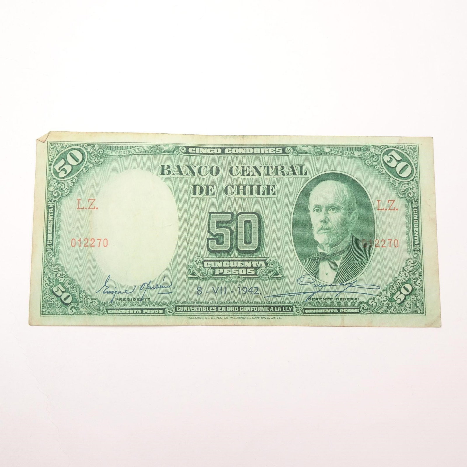 Chile - 50 Pesos 1947-1958: Vintage Chilean currency featuring classic historical design from the mid-20th century. A collectible piece of Latin American monetary history.Condition varies; please refer to photos for specific iss