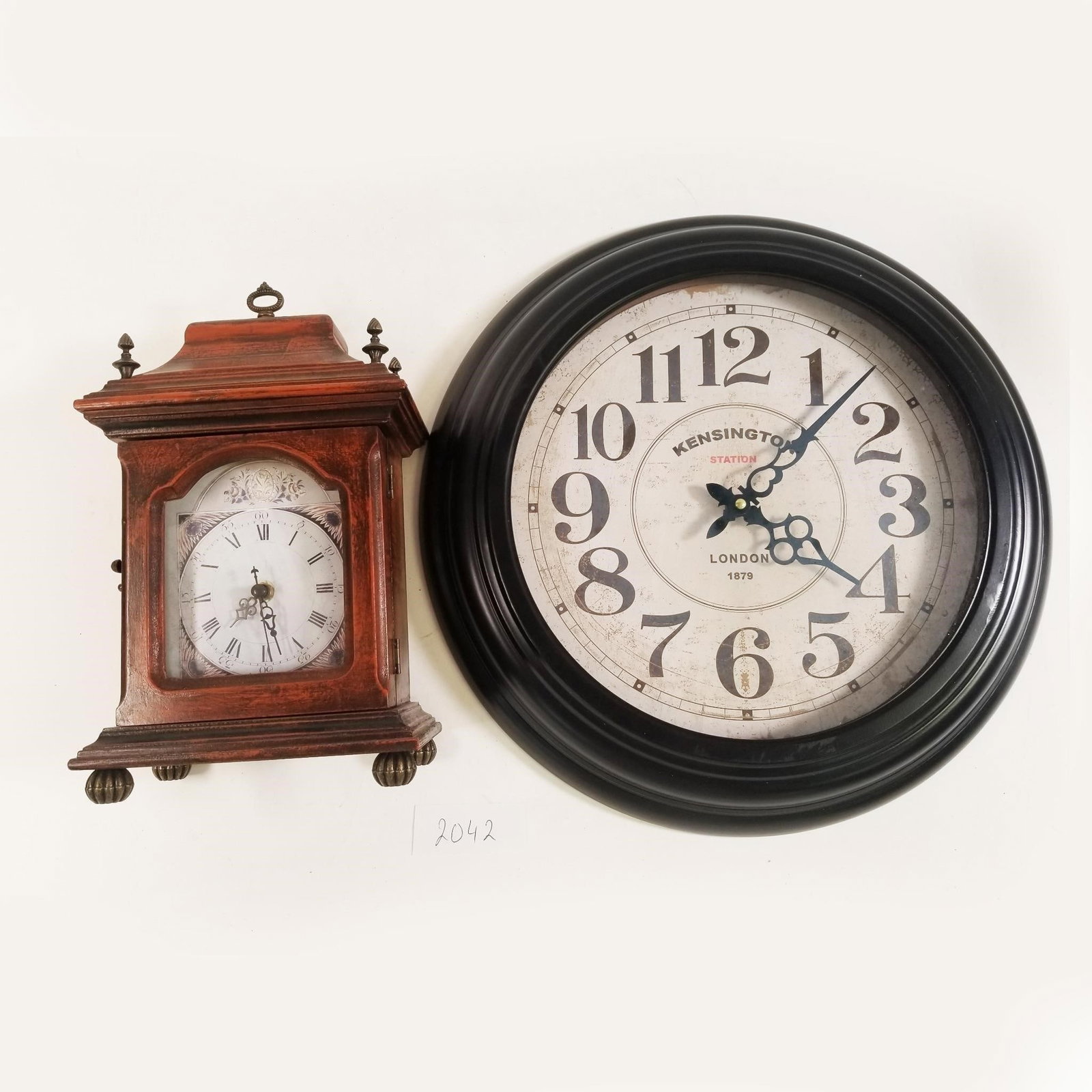Set of 2 Vintage Kensington wall clock and...: Wooden Mantle shelf clock. Set of 2 Vintage Kensington wall clock and Wooden Mantle shelf clock- Sold as-is, condition varies. See photos for details.