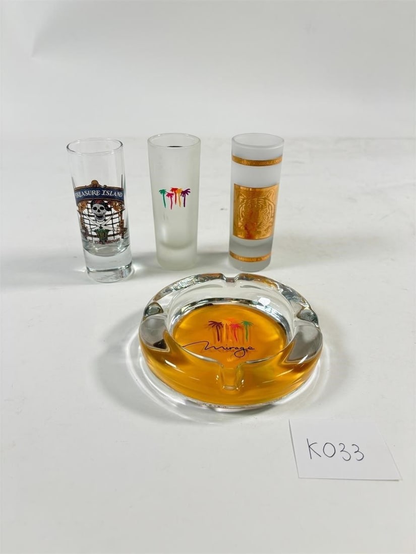 Vintage Shot Glasses and Ashtray Set of 4 (The...: Mirage Set). Vintage Shot Glasses and Ashtray Set of 4 (The Mirage Set). Refer to attached photos for details. The ashtray and shot glass are a direct match. special Edition gold frosted shot glass.