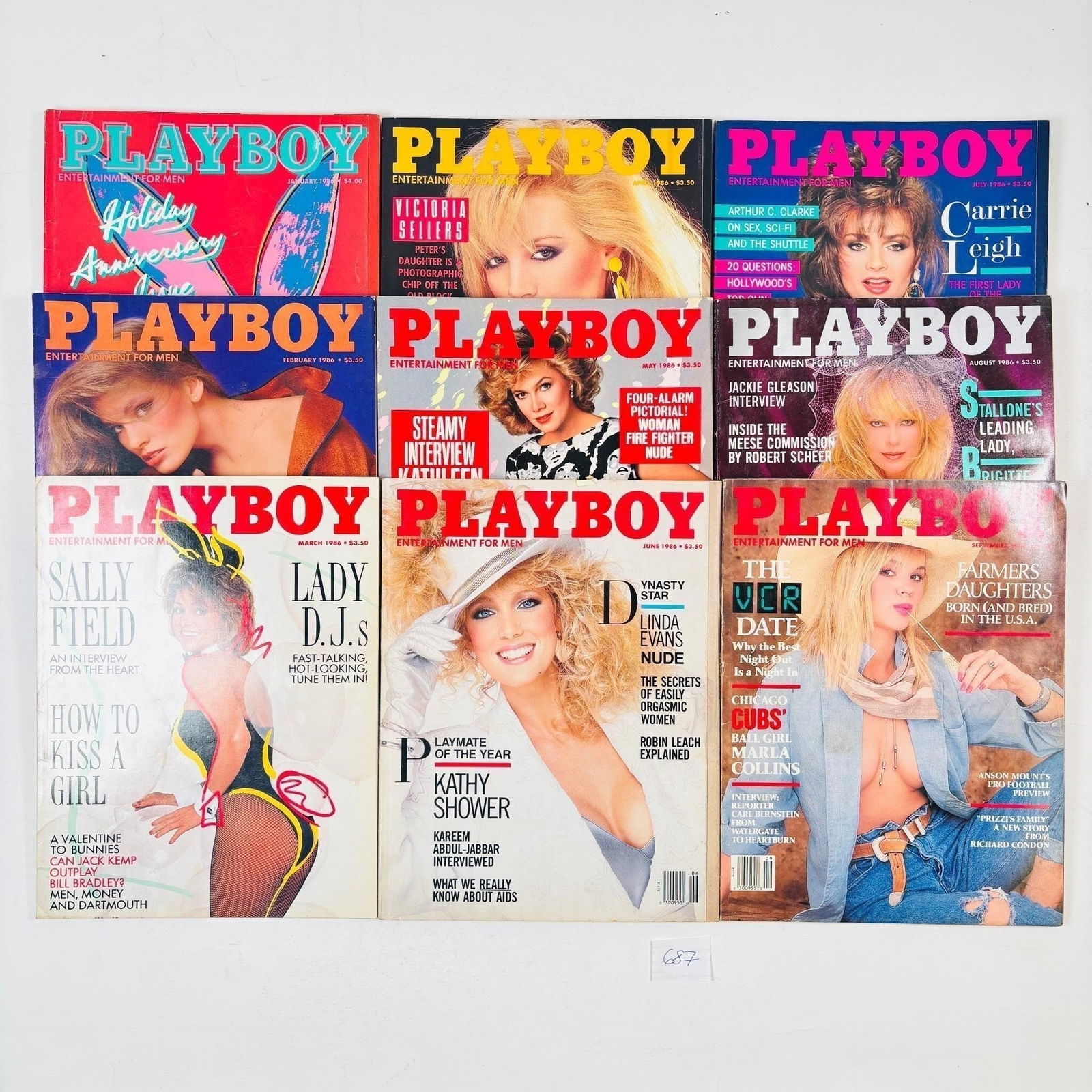 Vintage Playboy Magazines Set of 9 (1986): Assorted set of 9 Playboy magazines from the year 1986. Features iconic photography, interviews, articles, and advertisements from the era. Great for collectors or vintage media enthusiasts.Sold as-is