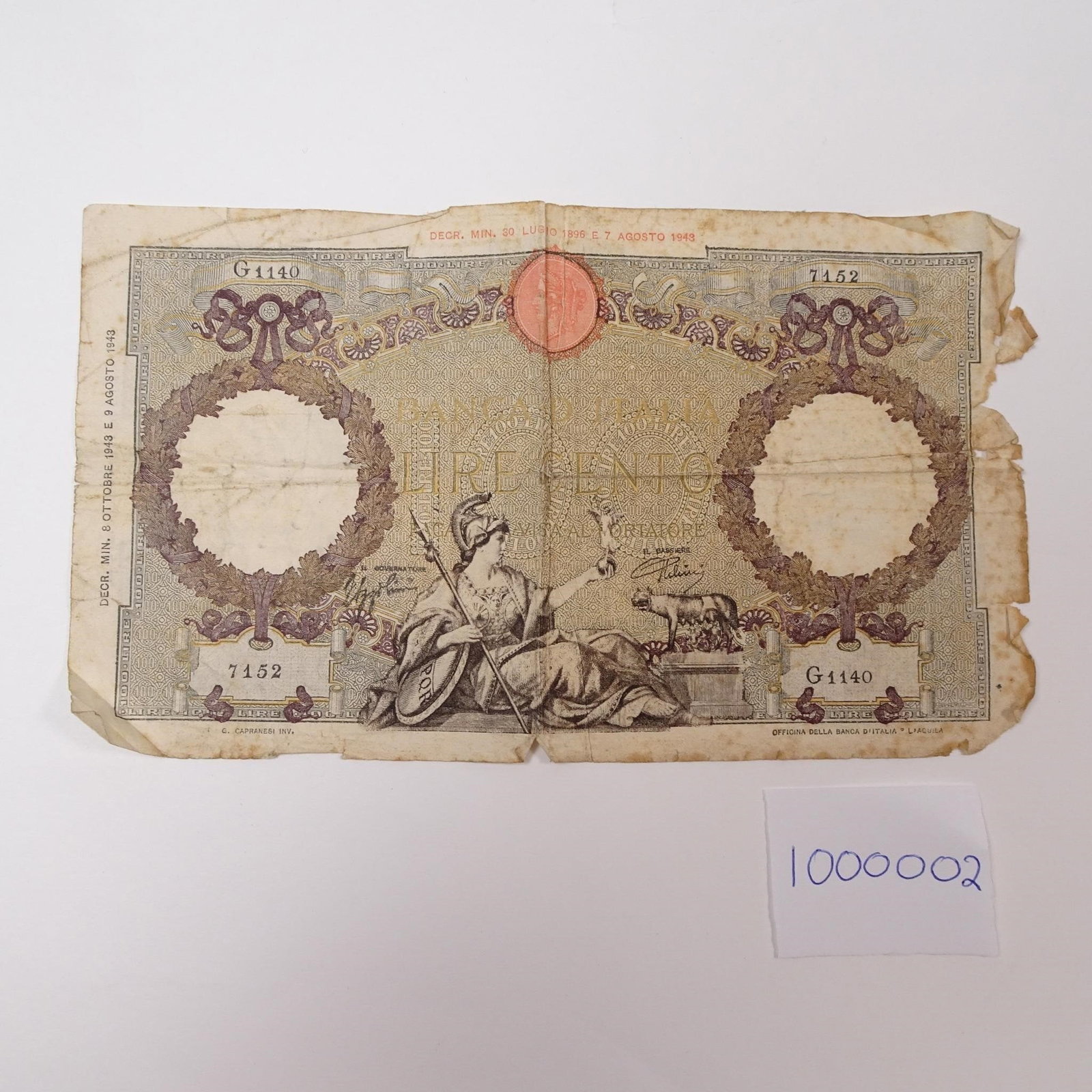 Italy Italia 100 Lire Cento 1943:: Original 1943 Italian 100 Lire banknote (Cento Lire), issued during WWII-era Italy. A compelling collectible reflecting wartime European currency design and history. Condition varies; please refer to 