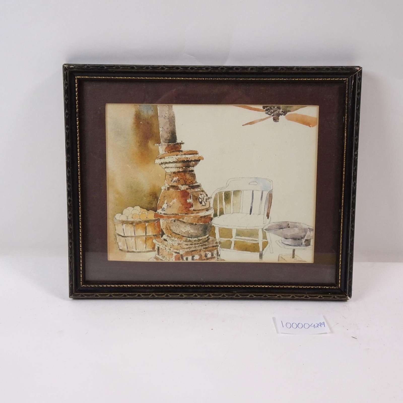 Mixed Media Peaceful Furnace Scene: Unique mixed media artwork depicting a serene furnace scene, blending texture and detail for a rustic, peaceful effect. Framed and ready for display.Condition varies; please refer to photos for detail