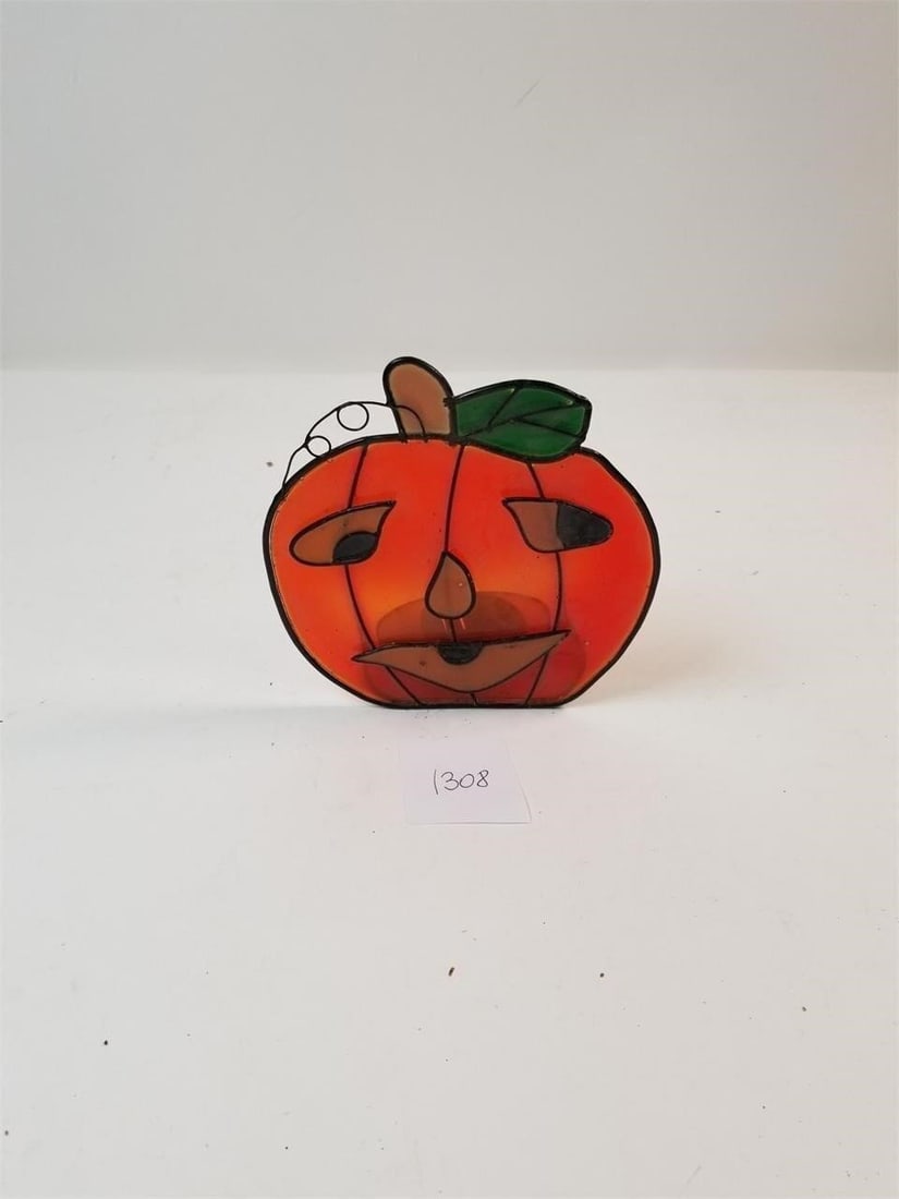 Vintage Pumpkin Stained Glass Sun Catcher &...: Candle Holder. Vintage Pumpkin Stained Glass Suncatcher & Candle Holder ? Charming autumn d?cor with warm, colorful glass. Condition varies; please refer to photos for details