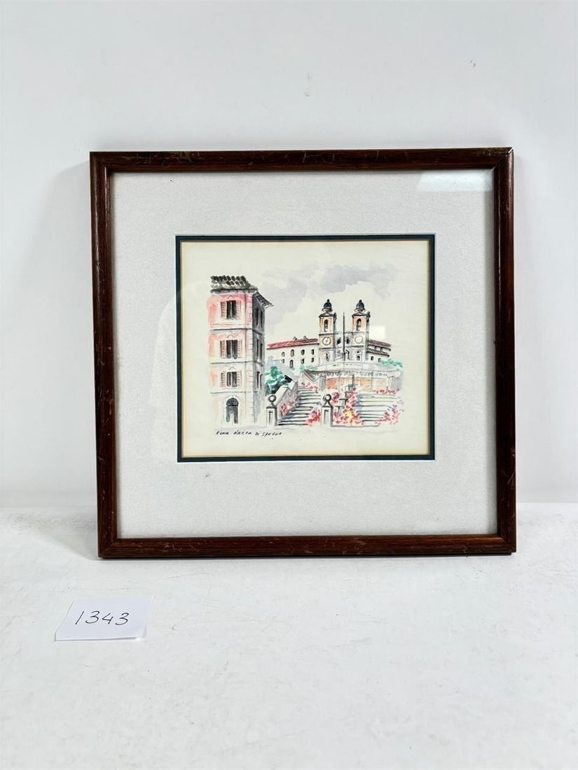 Roma Plaza Di Sphgnia Art Watercolor Piece: Roma Piazza di Spagna Art Piece Beautiful depiction of the iconic Spanish Steps in Rome. Condition varies; please refer to photos for details