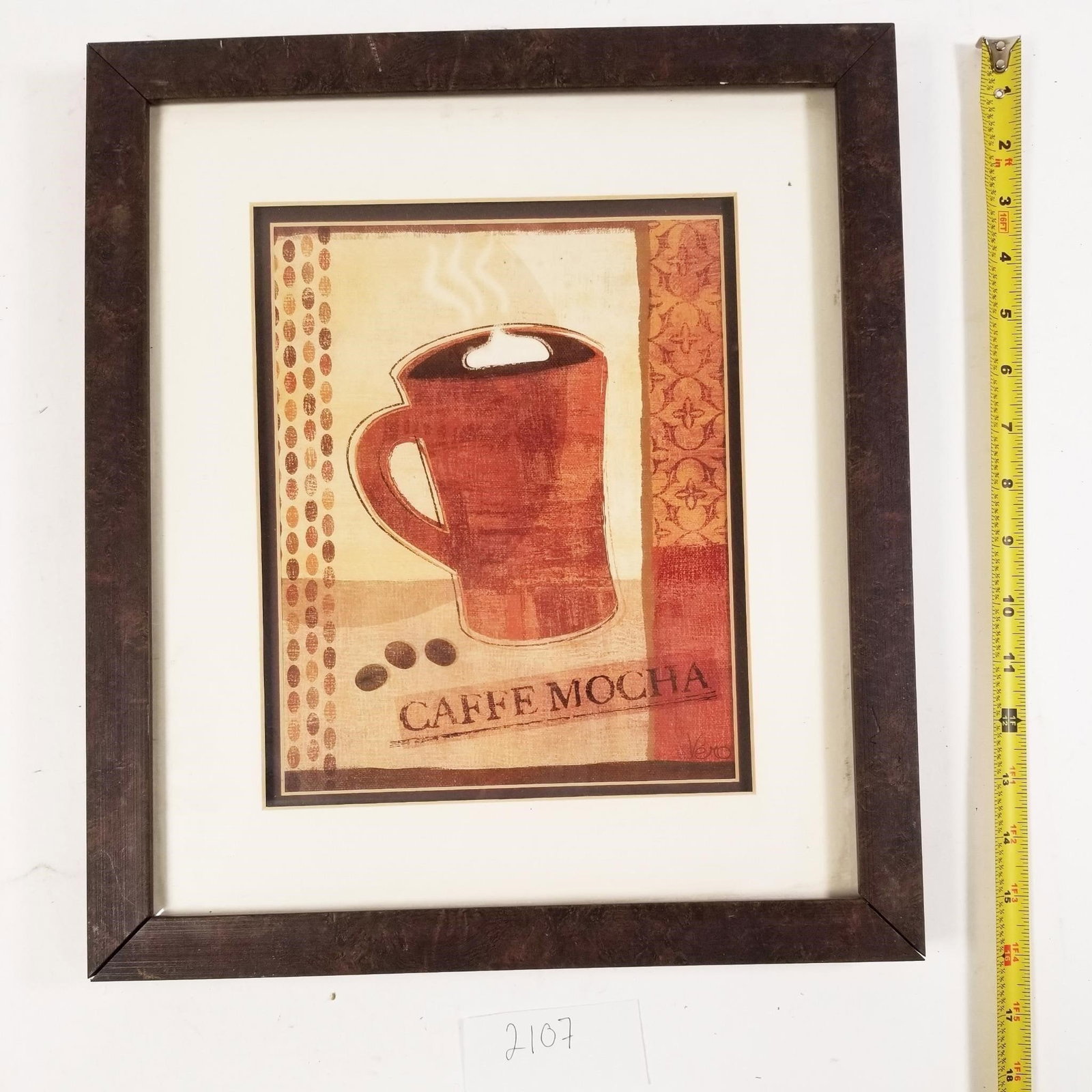 "Caff Mocha" Framed Print Warm Coffee Art for...: Kitchen or Caf? Decor. A charming framed print featuring a rustic illustration of a steaming cup of Caff Mocha. The artwork combines warm earthy tones with textured patterns, creating a cozy and invit