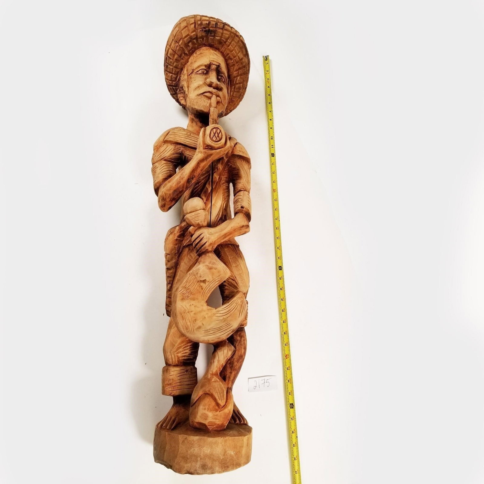 Vintage Folk Art Hand Carved Wooden Sculpture...: of Man with Pipe 40' Tall. Vintage Folk Art Hand Carved Wooden Sculpture of Man with Pipe 40' - Sold as-is, condition varies. See photos for details.