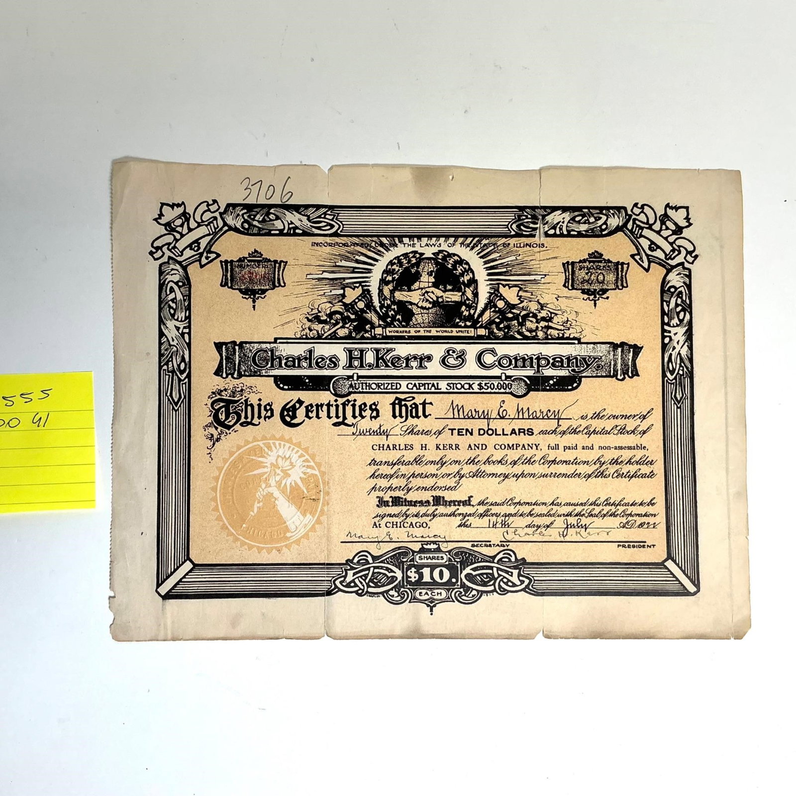Charles H. Kerr and Company Stock Certificate Rare: Charles H. Kerr & Company - Socialist Publishing House Stock Certificate - Chicago, ca. 1900sDescription:Extremely scarce early stock certificate from Charles H. Kerr & Company, a historic socialist p