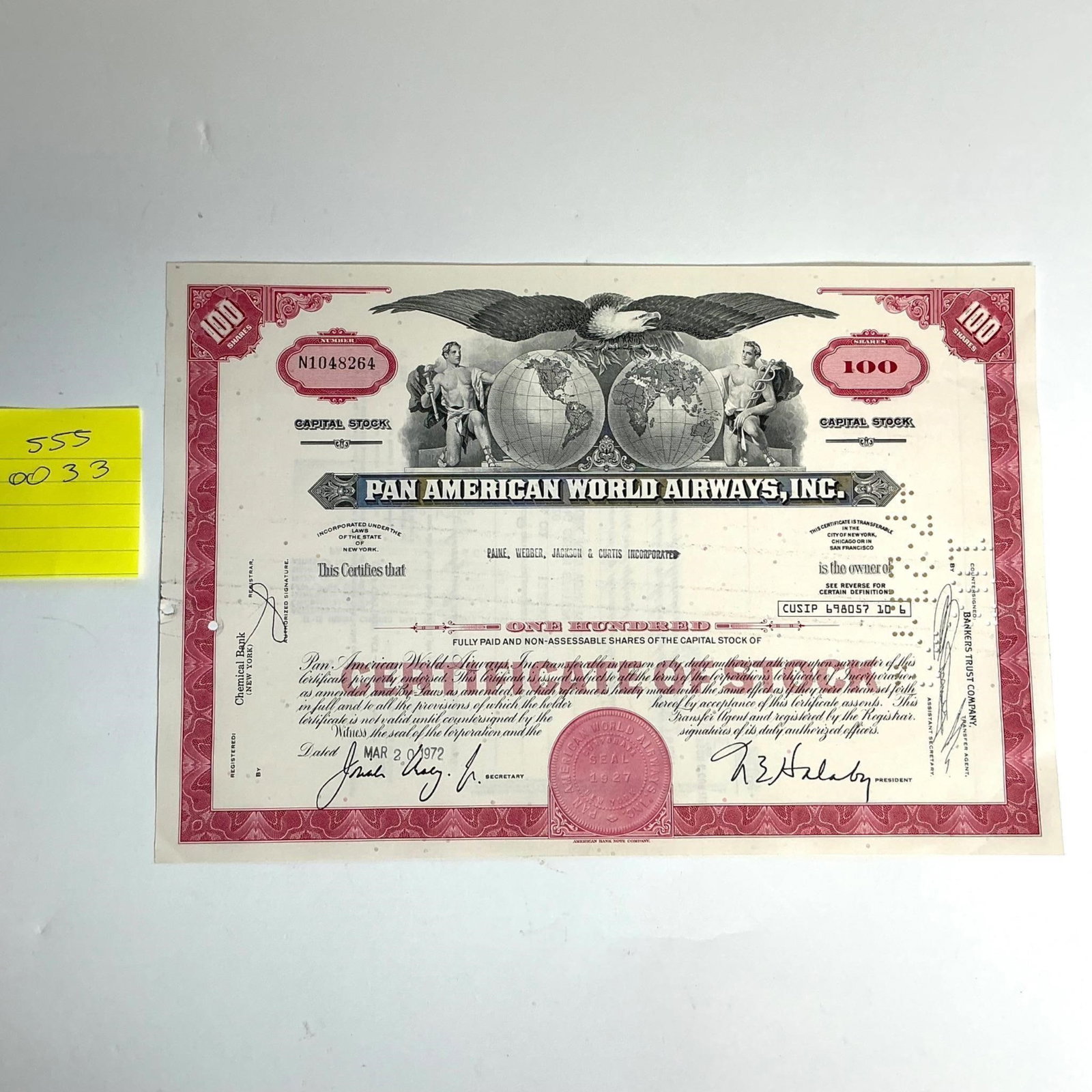 Stock certificate Pan American World Airways, Inc: Pan American World Airways Inc. - 100 Shares Stock Certificate - 1972Description:Original stock certificate issued by Pan American World Airways, Inc., one of the most iconic airlines in aviation hist