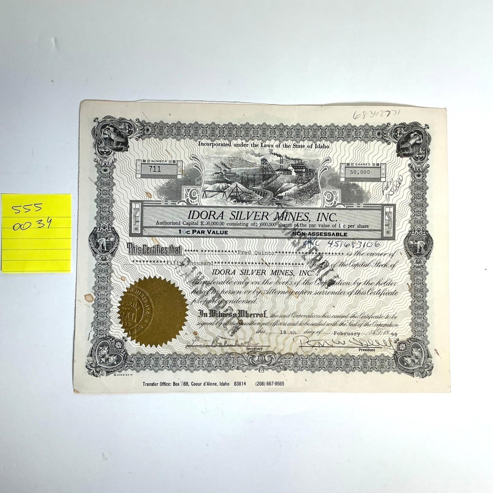 Idora Silver Mines,Inc, Stock Certificate: Idora Silver Mines Inc. - 50,000 Shares Stock Certificate - 1998 (Idaho)Description:Vintage stock certificate issued by Idora Silver Mines, Inc., incorporated under the laws of the State of Idaho.Date