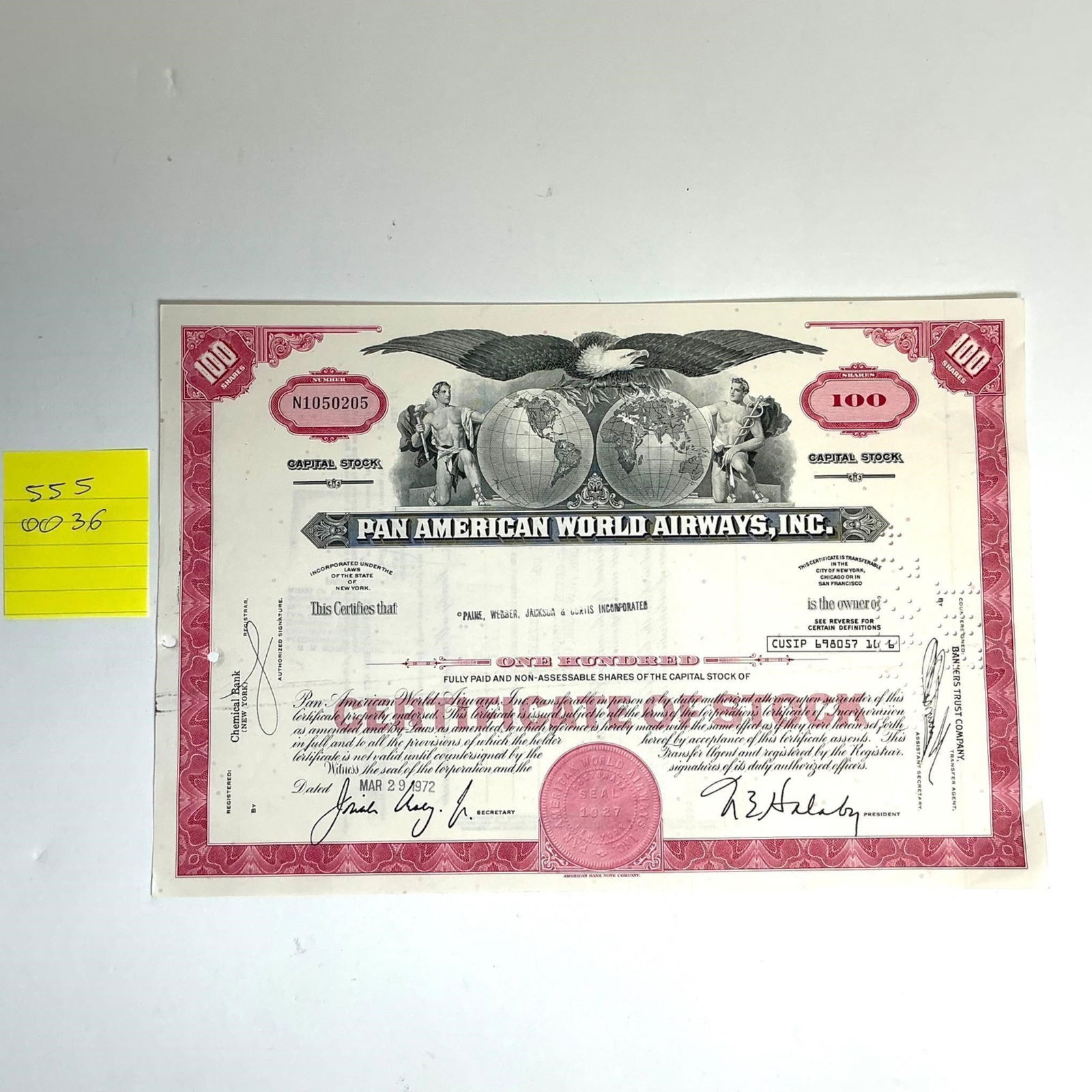 PAN AMERICAN WORLD AIRWAYS INC. STOCK CERTIFICATE (1 of 2)