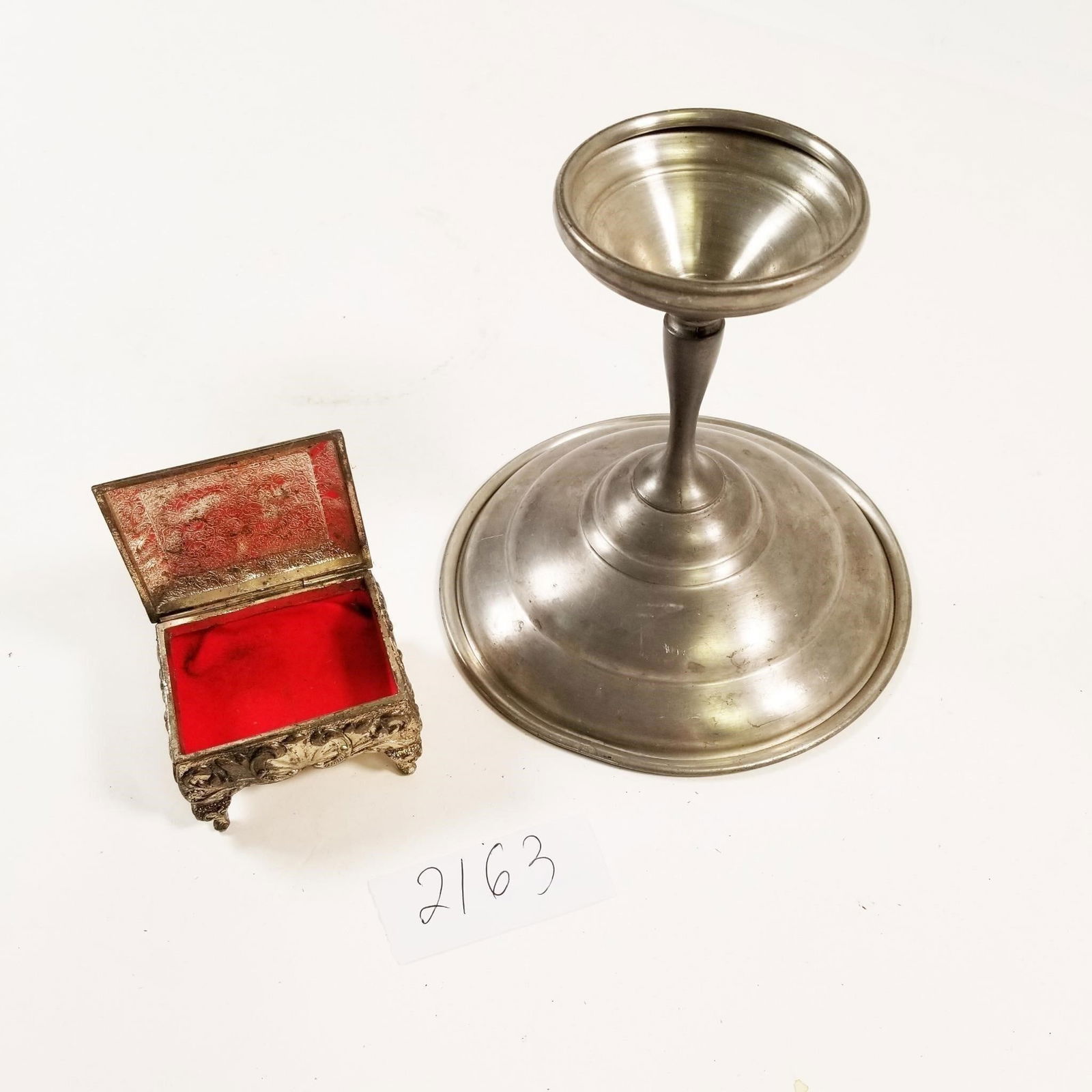 Vintage Metal/ Silver Trinket Box and...: International Pewter Footed Candy Dish on Pedestal. Vintage Metal/ Silver Trinket Box and International Pewter Footed Candy Dish on Pedestal - Sold as-is, condition varies. See photos for details.