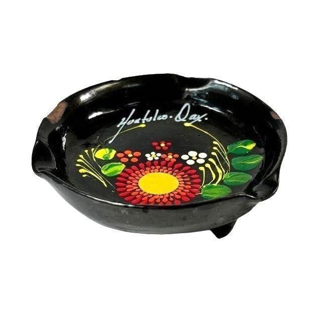 Vintage Wooden Floral Hand Painted Dish/Ashtray: Charming vintage wooden dish or ashtray with intricate hand-painted floral details. A beautiful, functional piece for collectors or home decor. In vintage condition with minor signs of wear. Please re