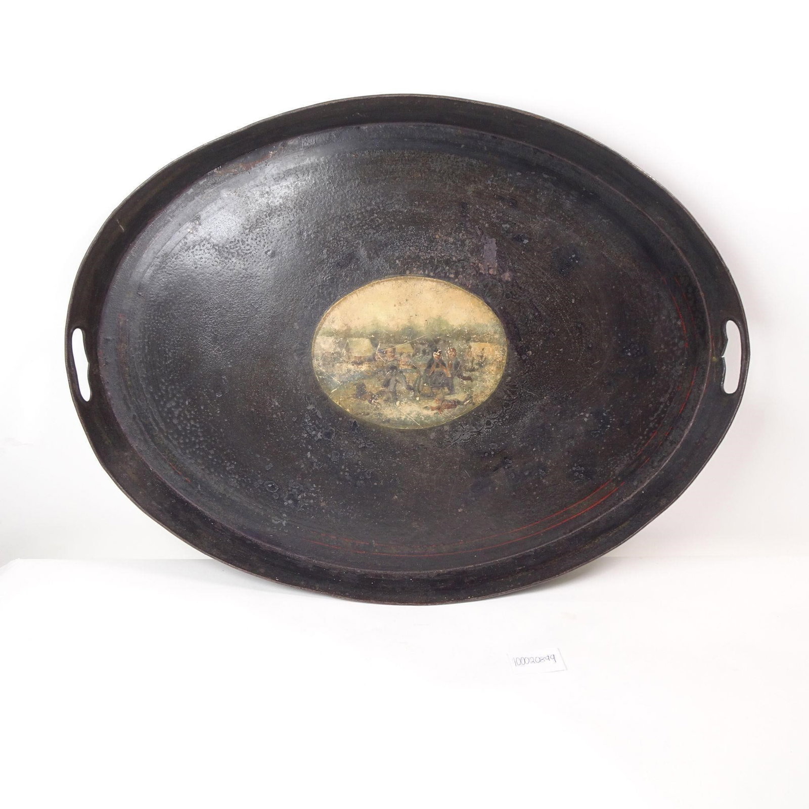 Vintage 19th Century Napoleon Tole Tray: A decorative and historical tray featuring a 19th-century Napoleonic toleware design. This piece offers a glimpse into a bygone era, perfect for adding a touch of antique elegance and historical chara