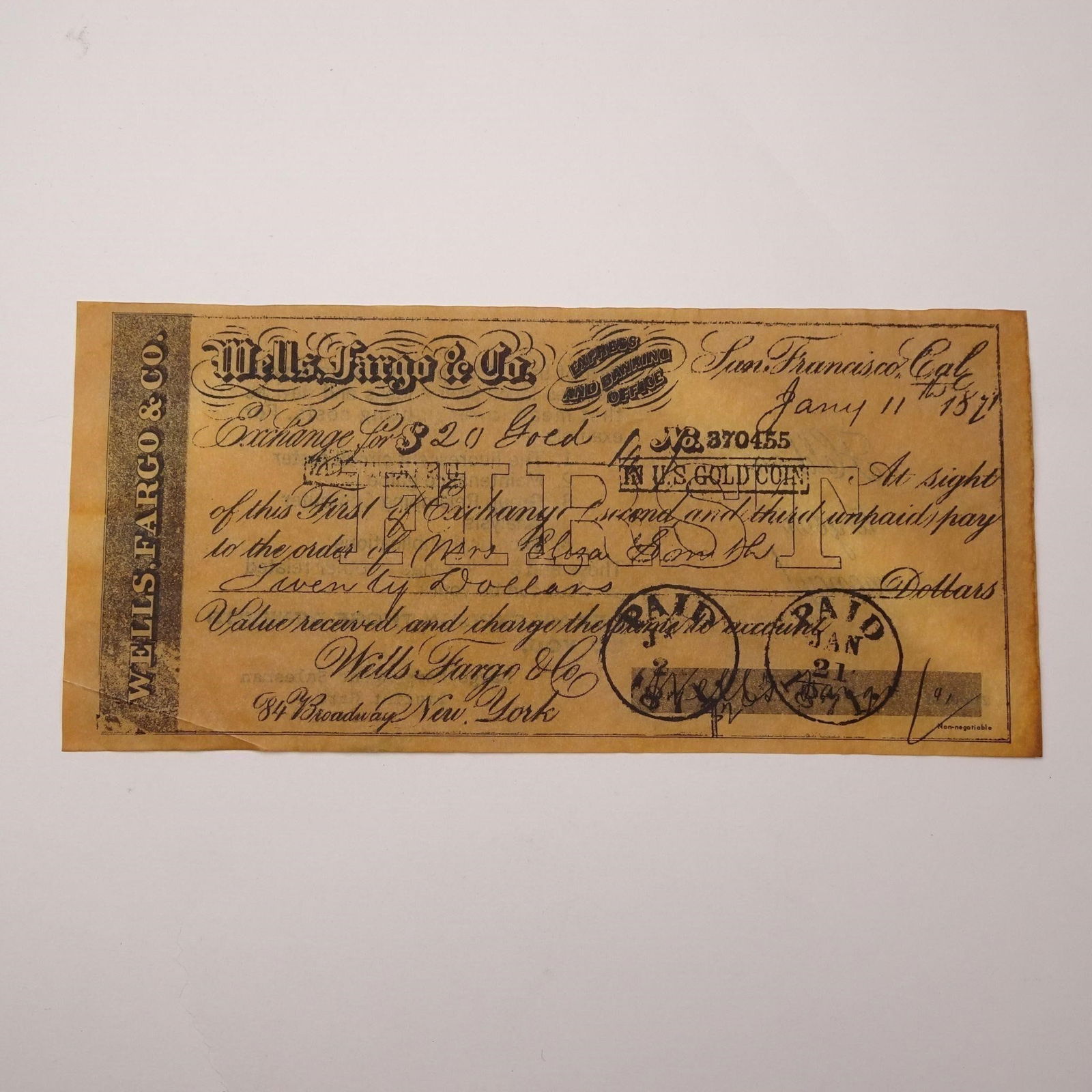 1871 Wells Fargo Paid Receipt Replica (1 of 4)